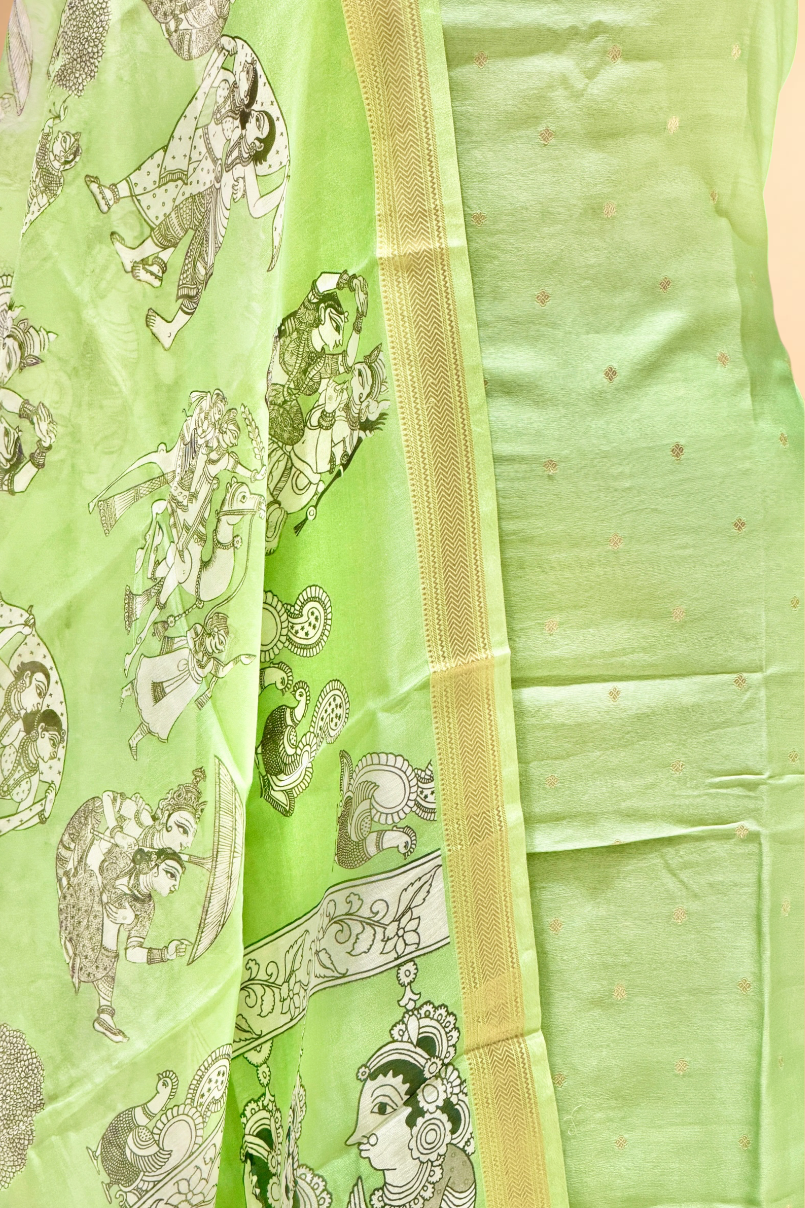 Dusty Green Chanderi Silk Suit Sets With Kalamkari Printed Dupatta