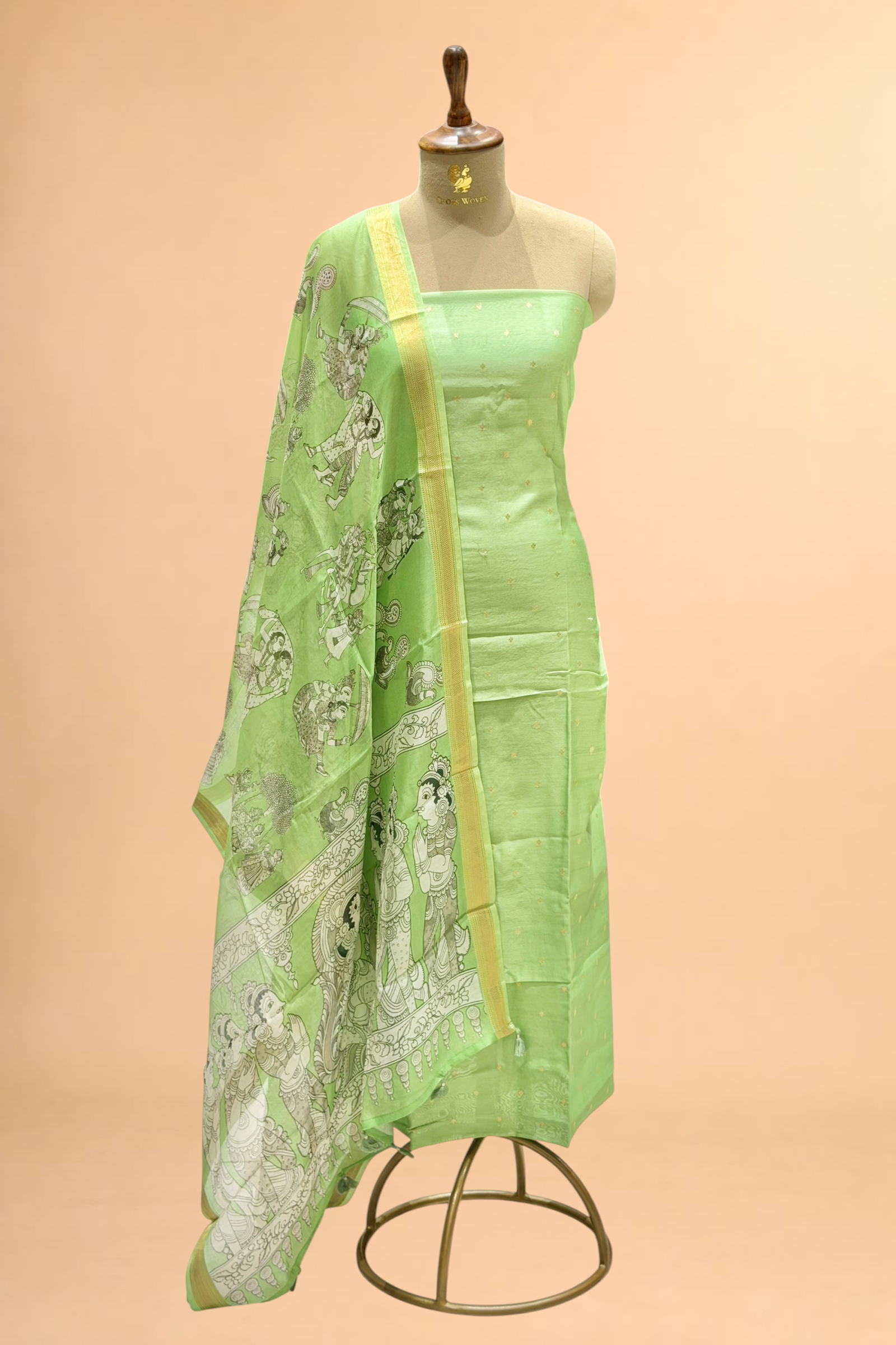 Dusty Green Chanderi Silk Suit Sets With Kalamkari Printed Dupatta