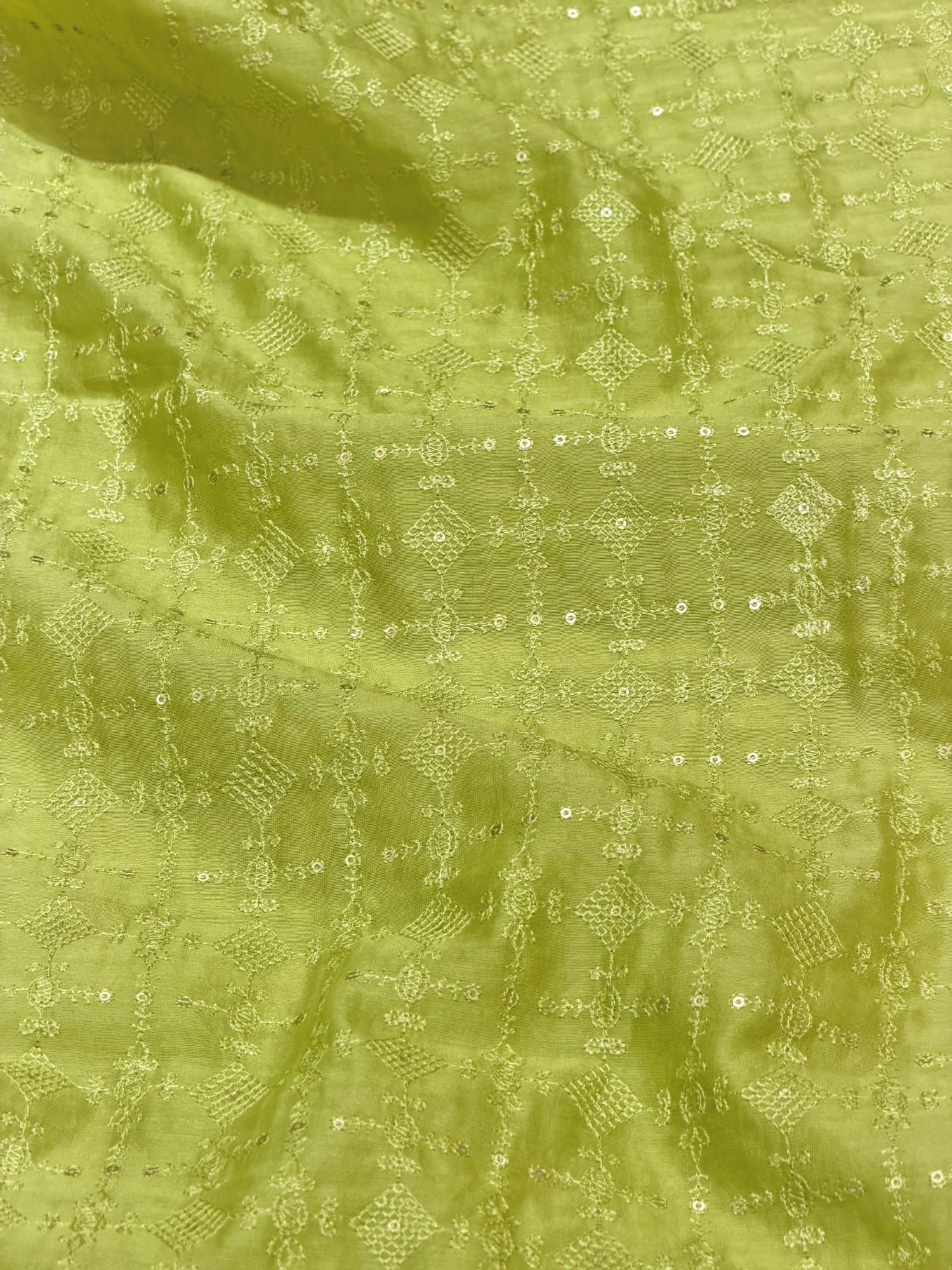 Lime Green Mul Embroidered Fabric