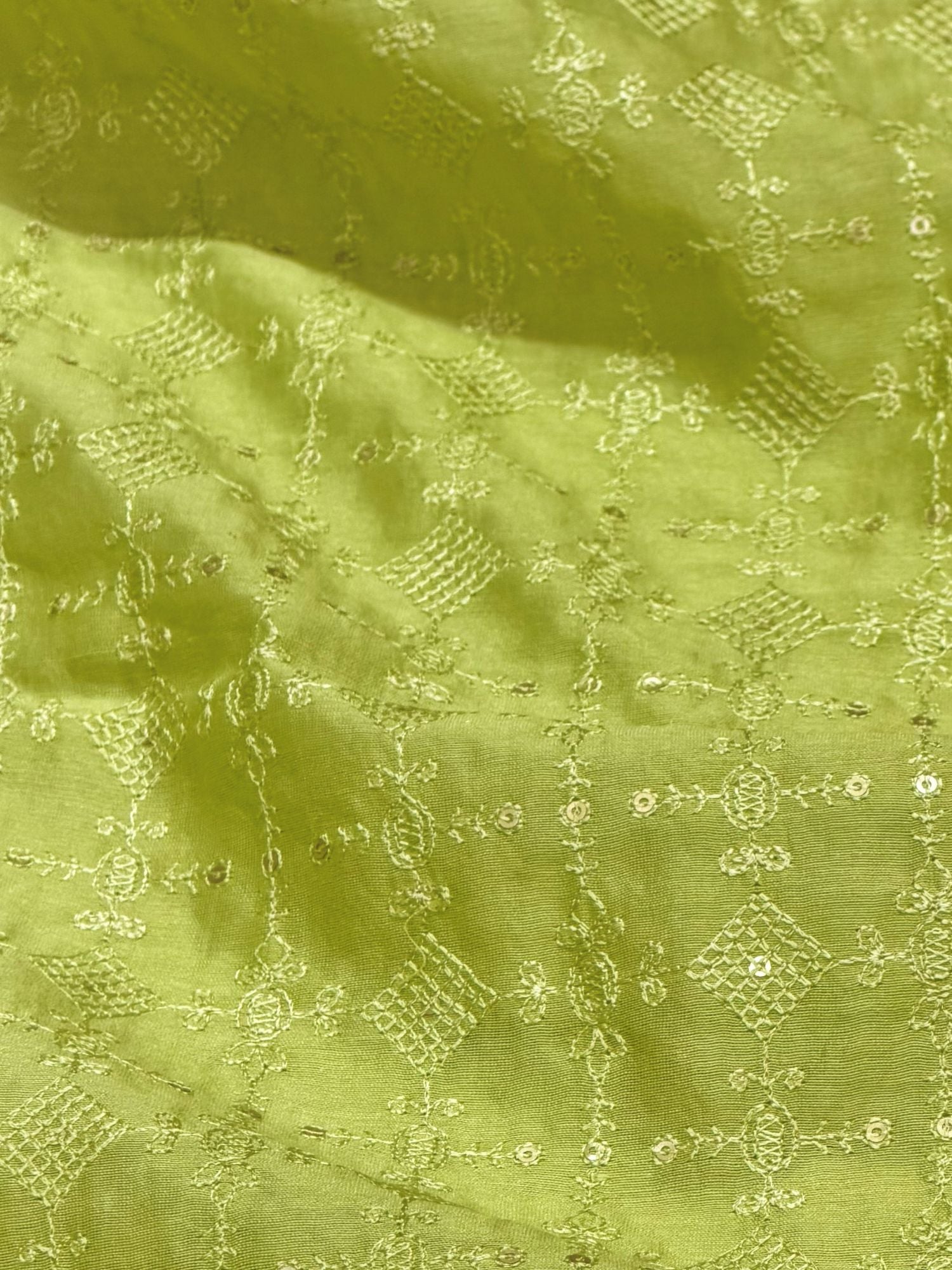 Lime Green Mul Embroidered Fabric