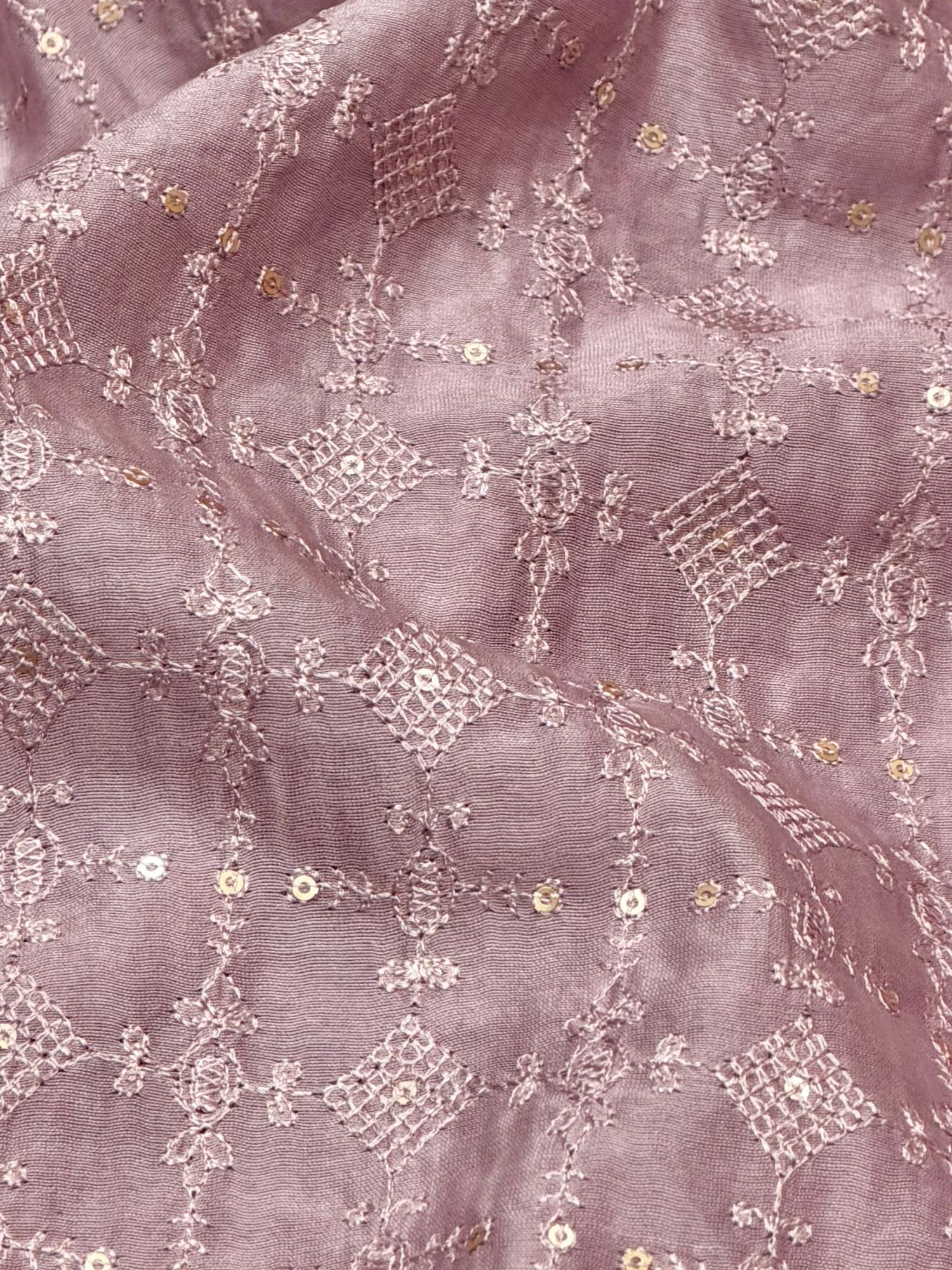 Dusty Mauve Mul Embroidered Fabric