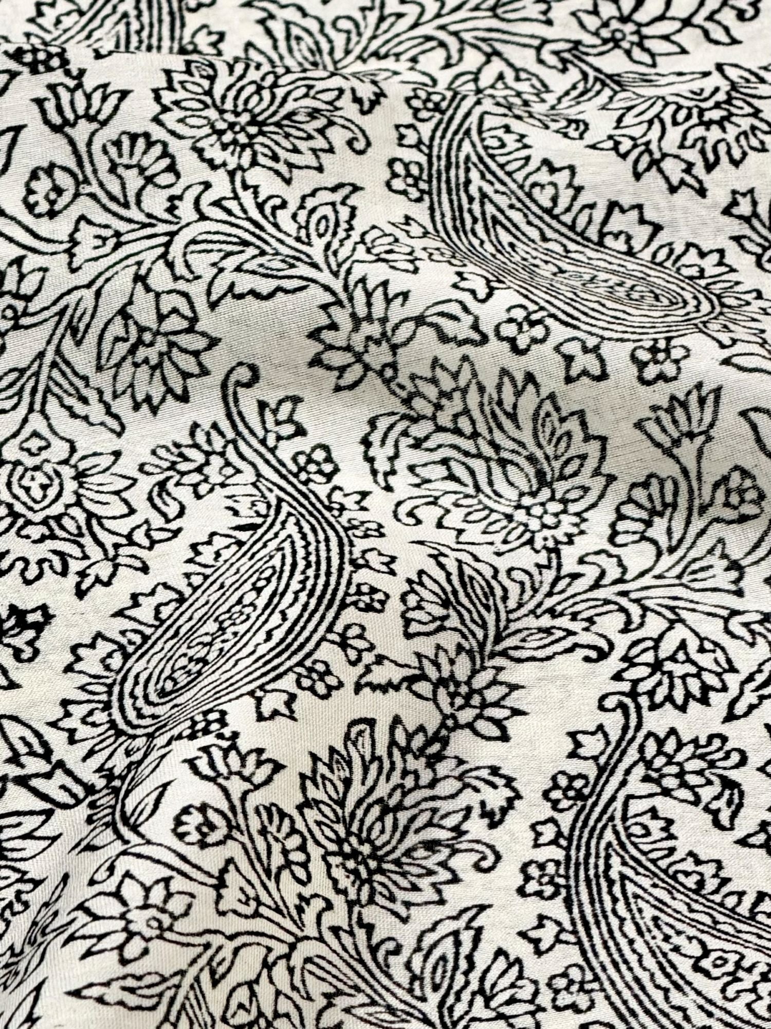 Pure Chanderi Silk Fabric With Black Hand Block Prints