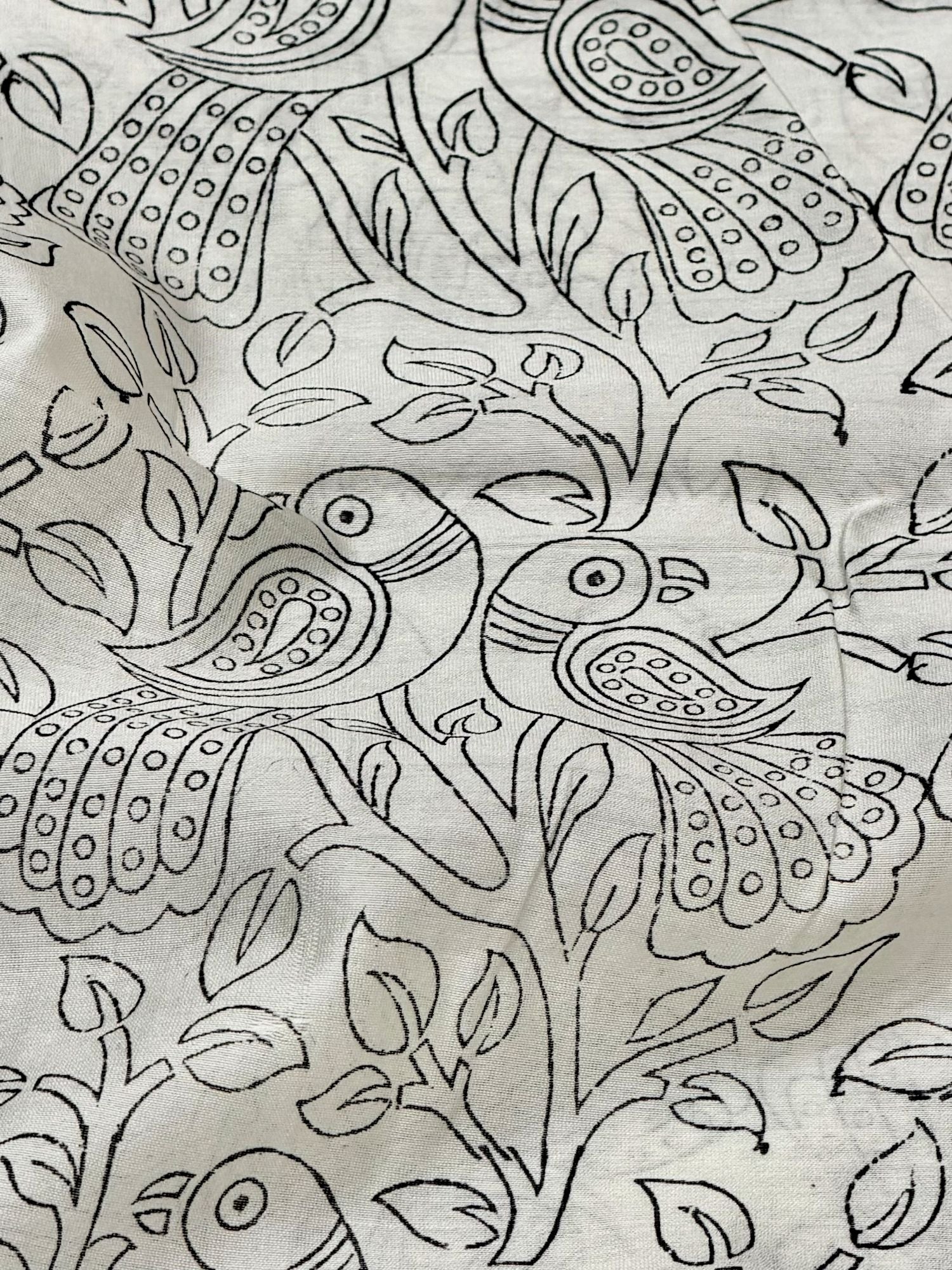 Pure Chanderi Silk Fabric With Black Hand Block Prints