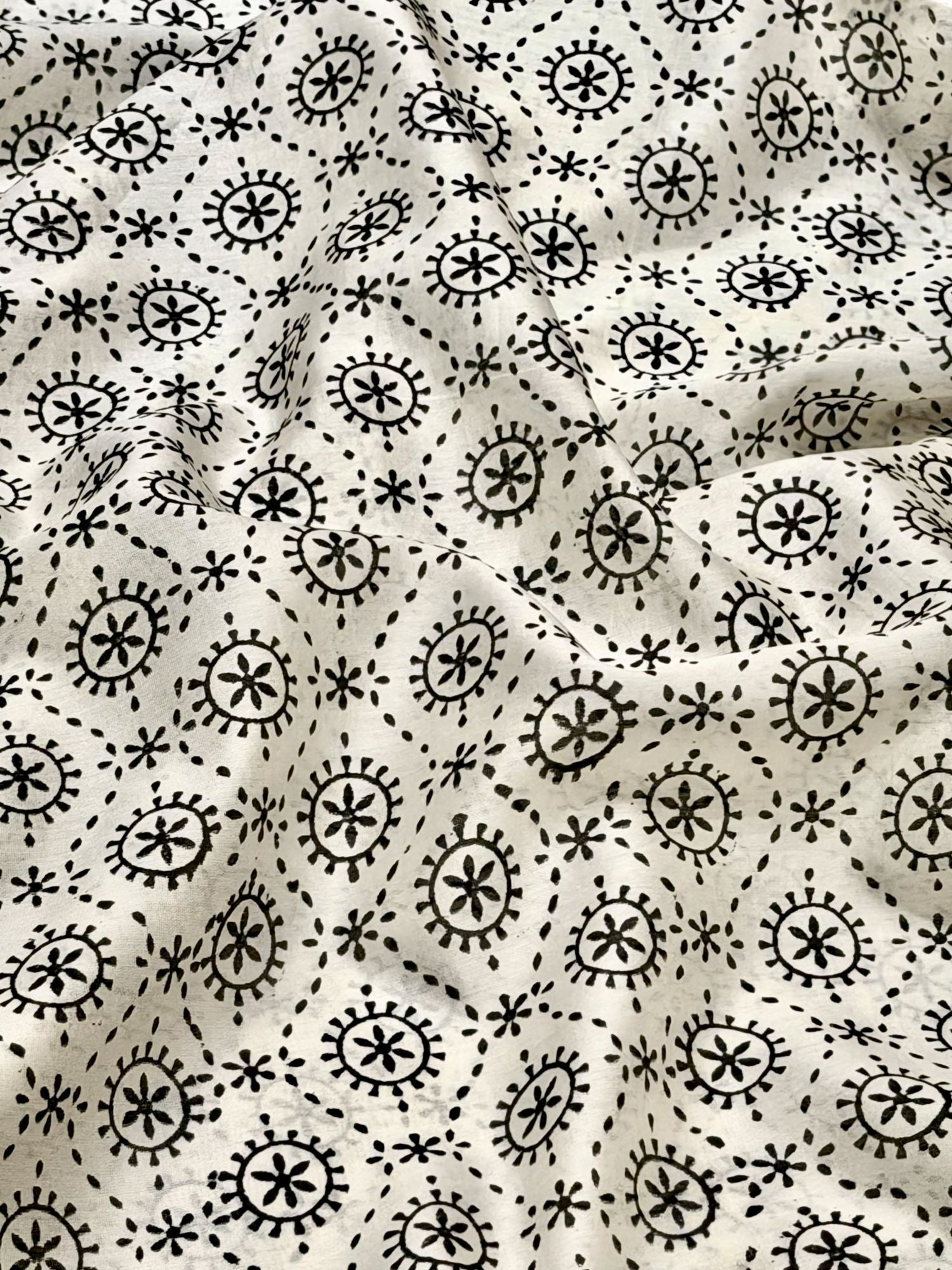 Pure Chanderi Silk Fabric With Black Hand Block Prints