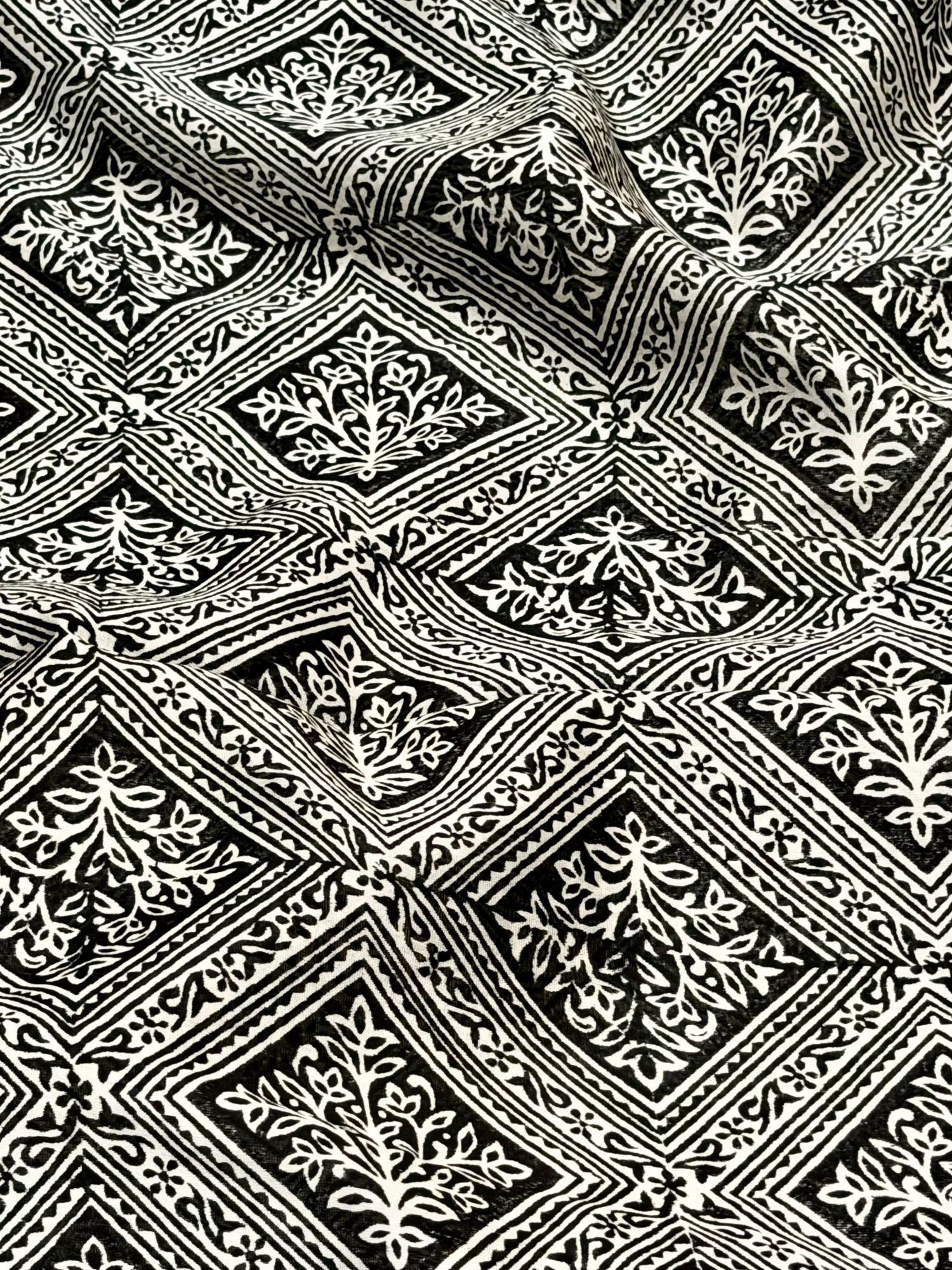 Pure Chanderi Silk Fabric With Black Hand Block Prints