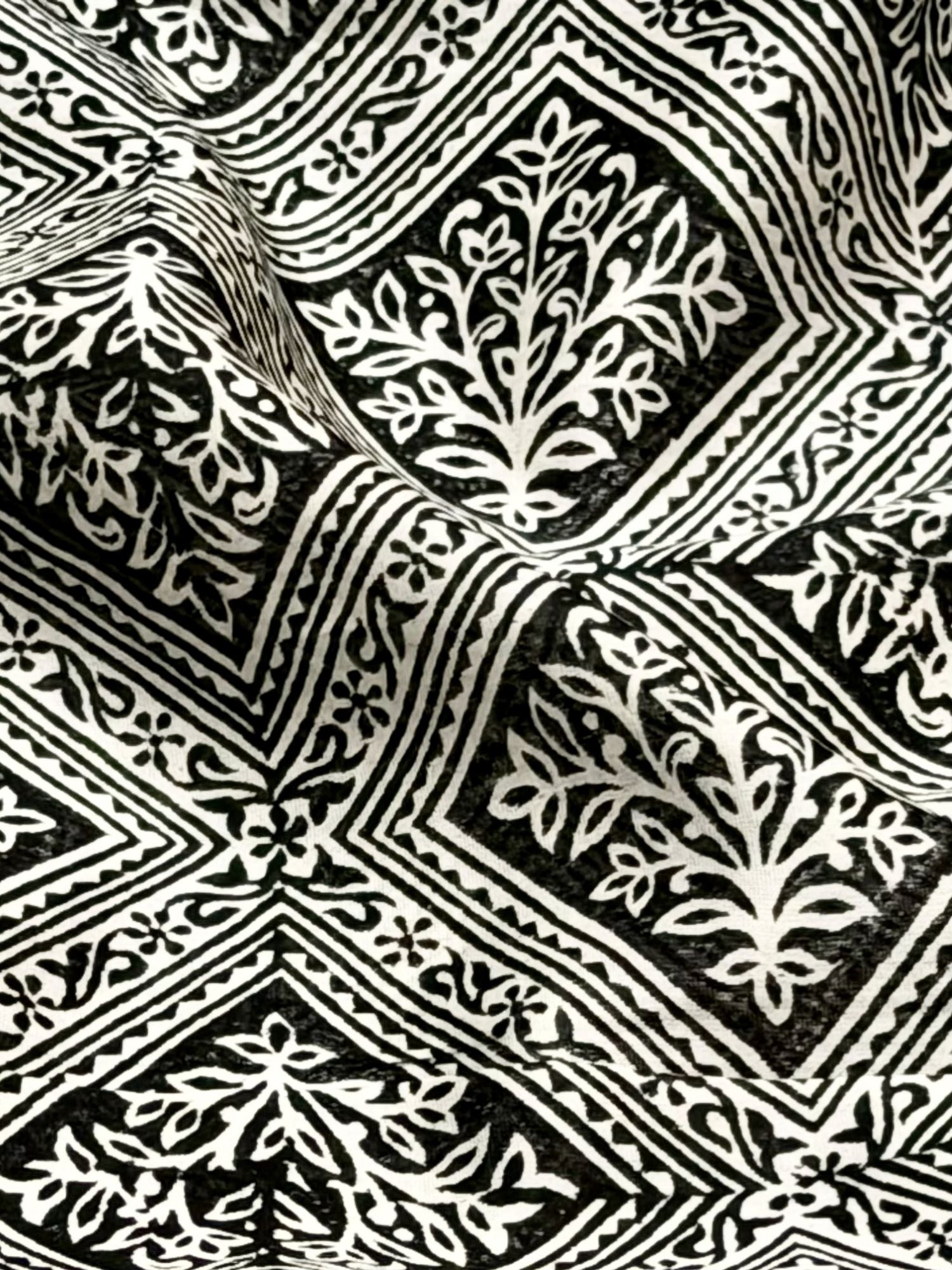 Pure Chanderi Silk Fabric With Black Hand Block Prints