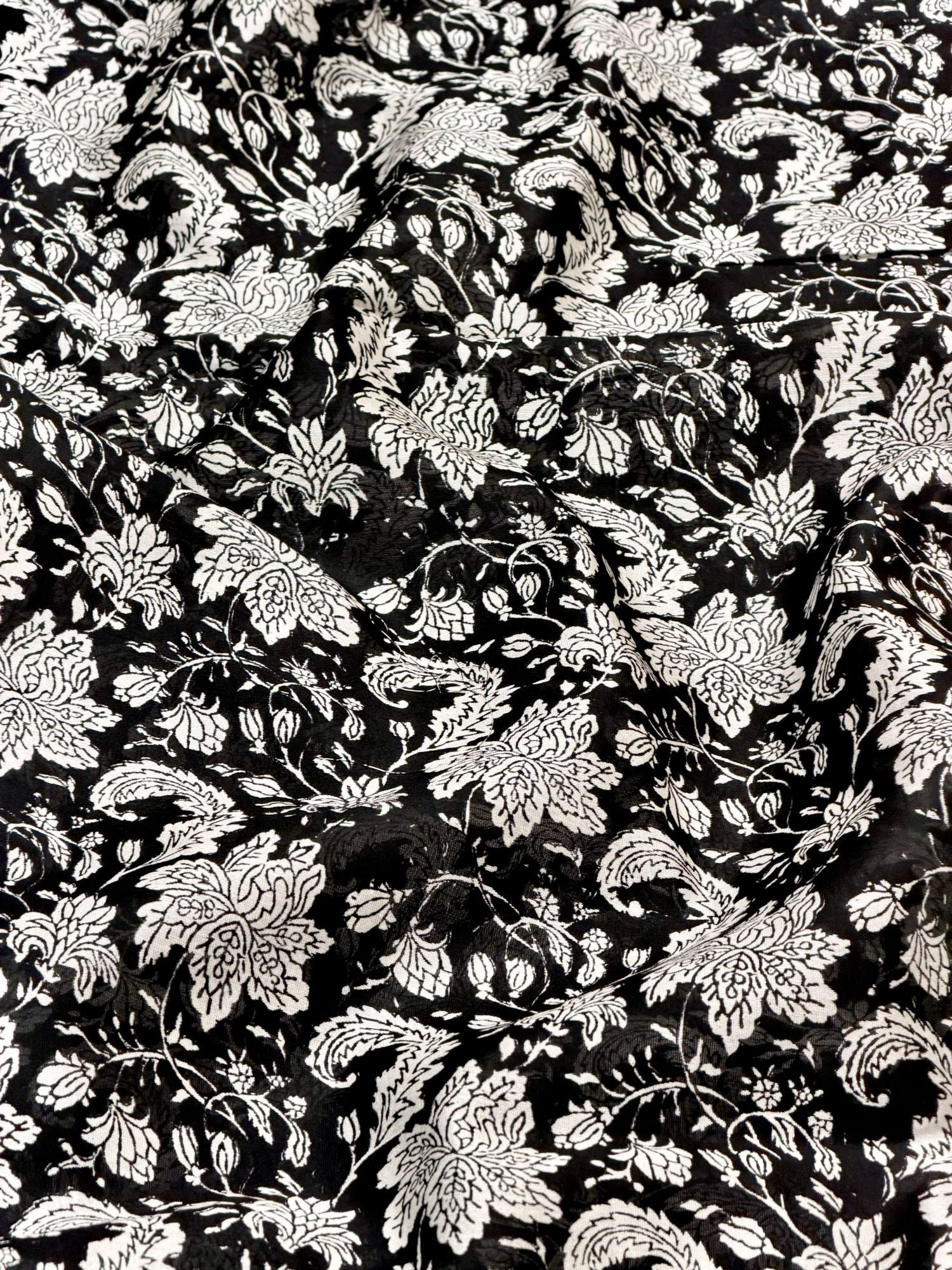 Pure Chanderi Silk Fabric With Black Hand Block Prints