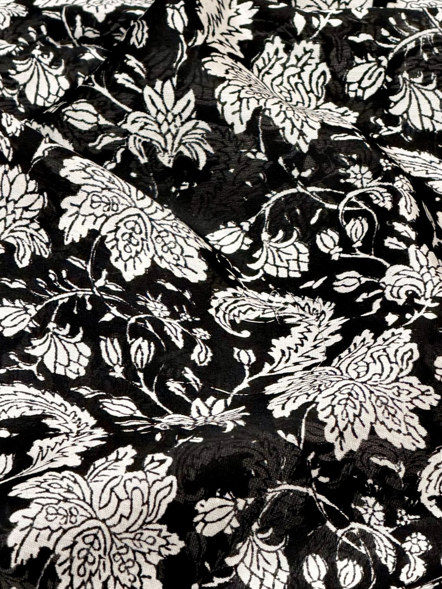 Pure Chanderi Silk Fabric With Black Hand Block Prints
