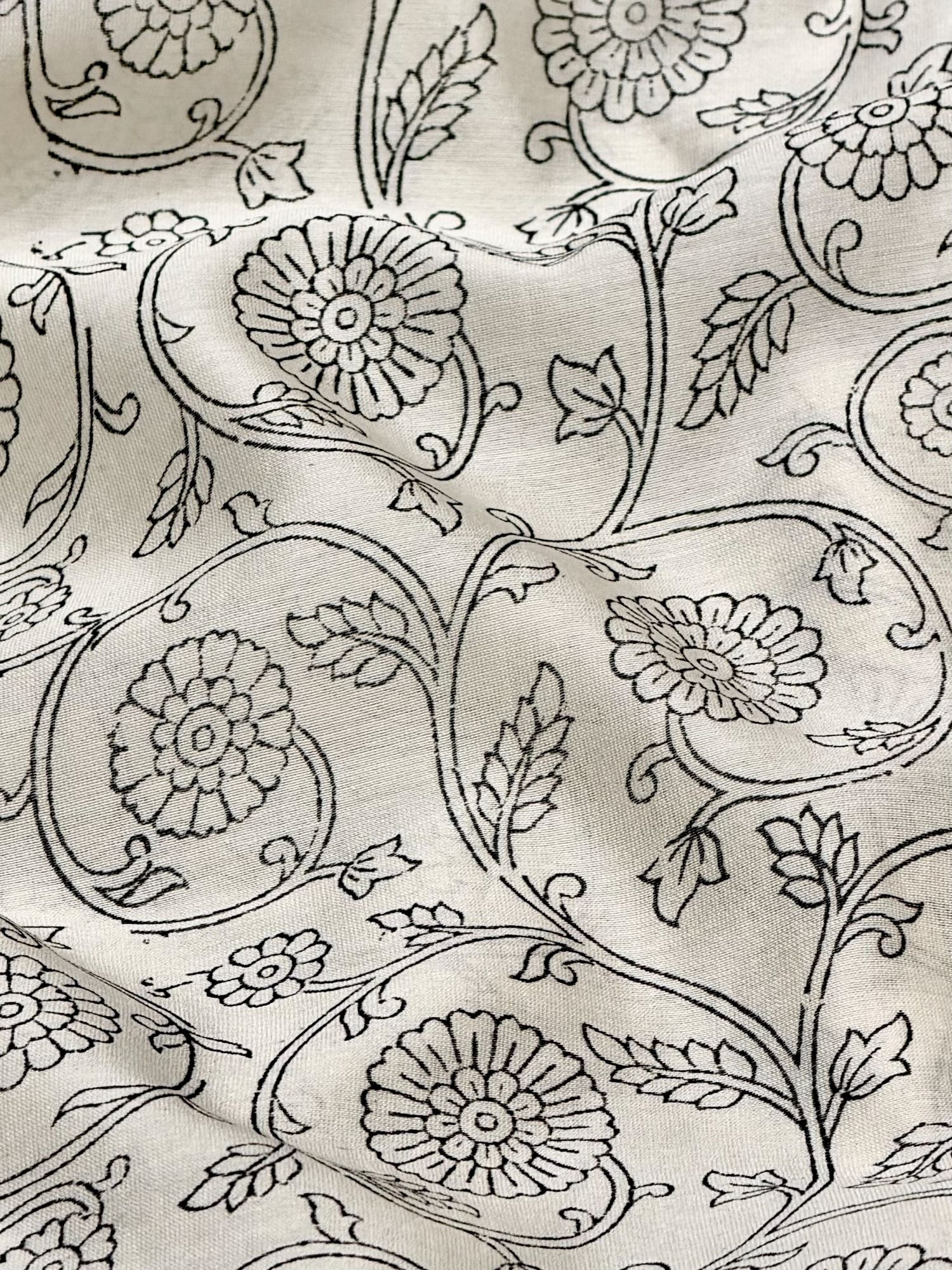 Pure Chanderi Silk Fabric With Black Hand Block Prints