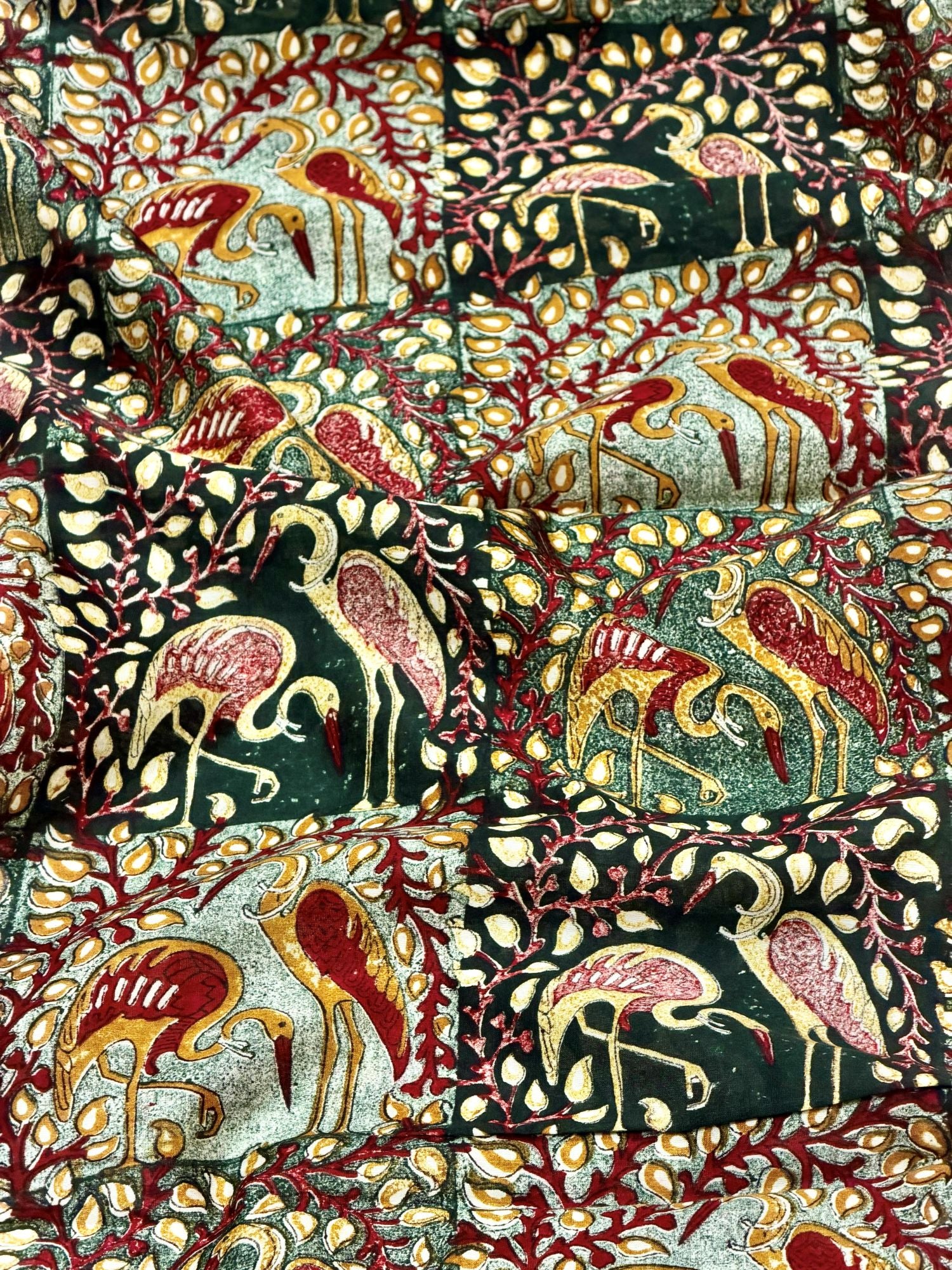Pure Chanderi Silk Fabric With Bottle Green Hand Block Prints
