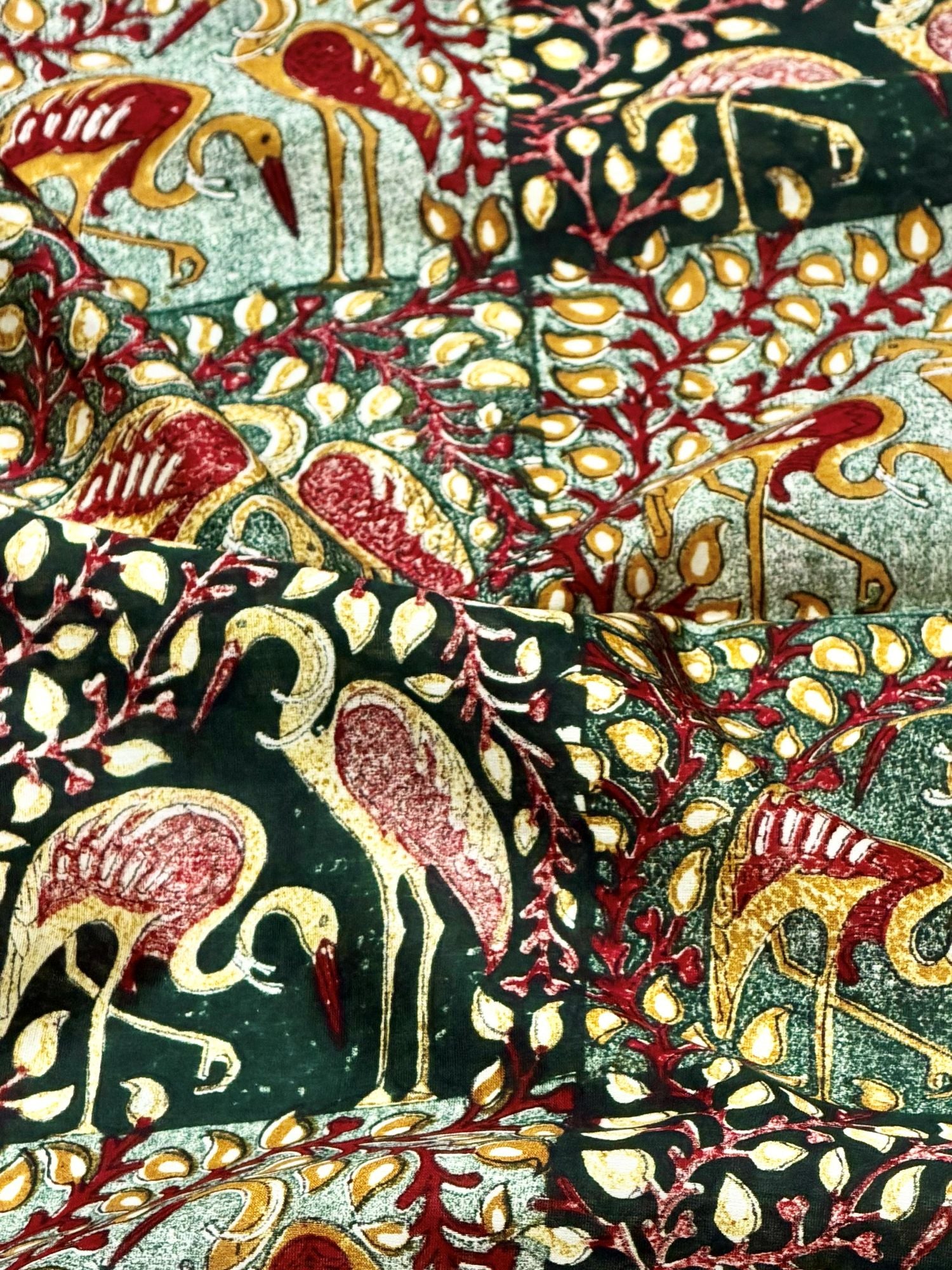 Pure Chanderi Silk Fabric With Bottle Green Hand Block Prints