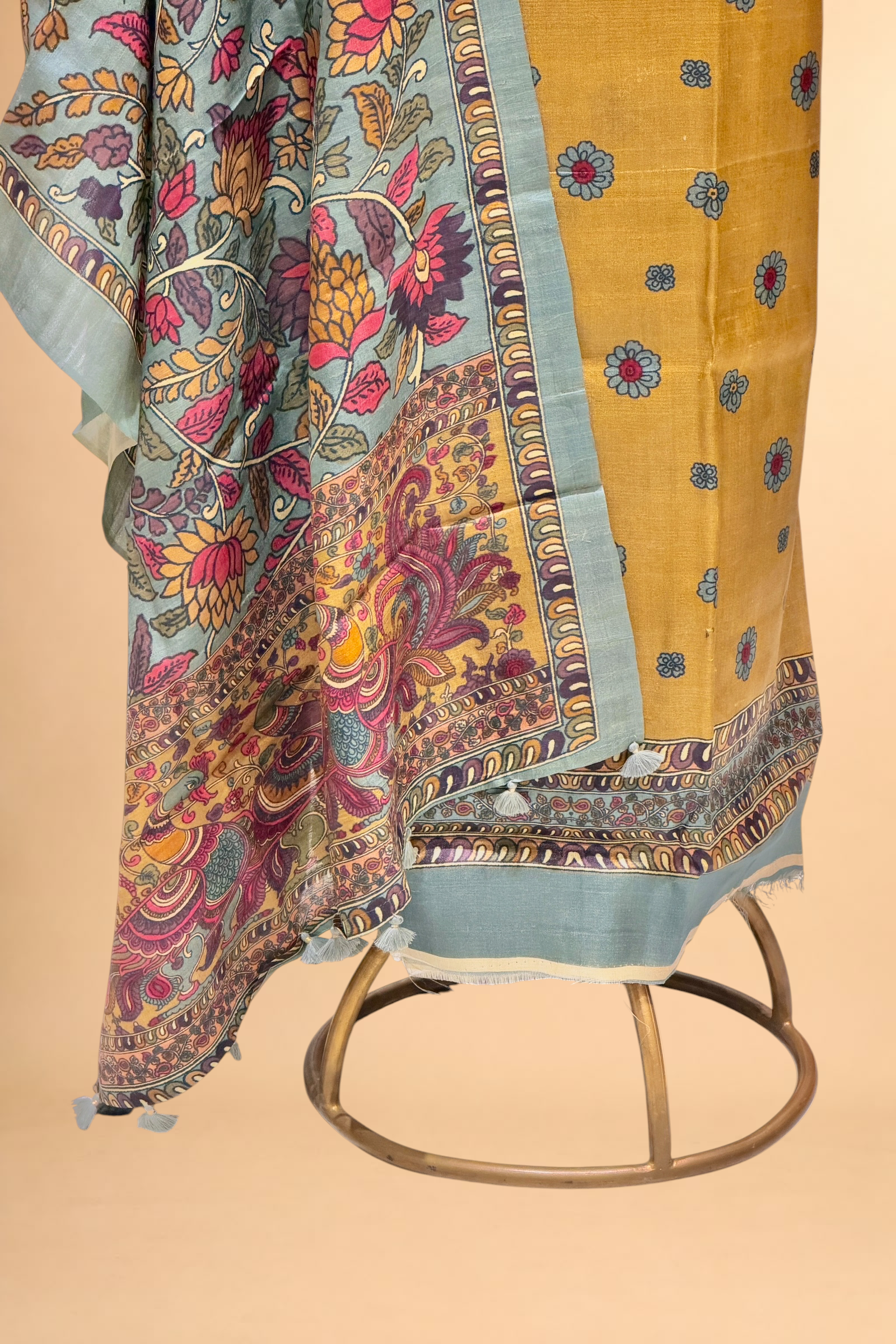 Mustard Gold Pure Tusser Silk Suit Set With Kalamkari Dupatta
