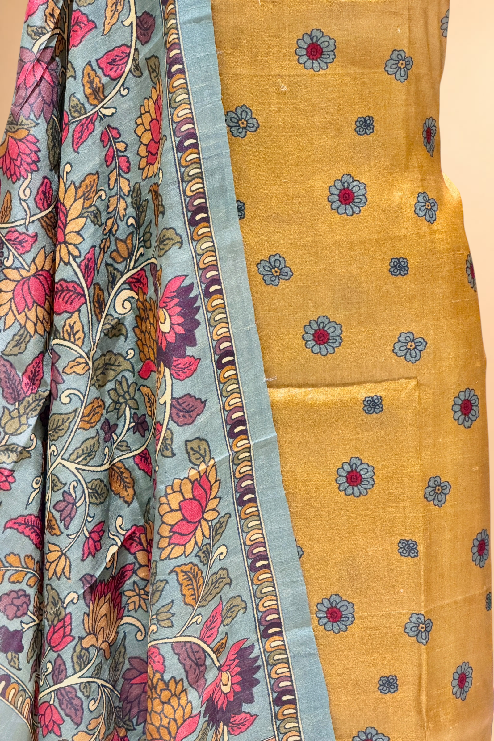 Mustard Gold Pure Tusser Silk Suit Set With Kalamkari Dupatta