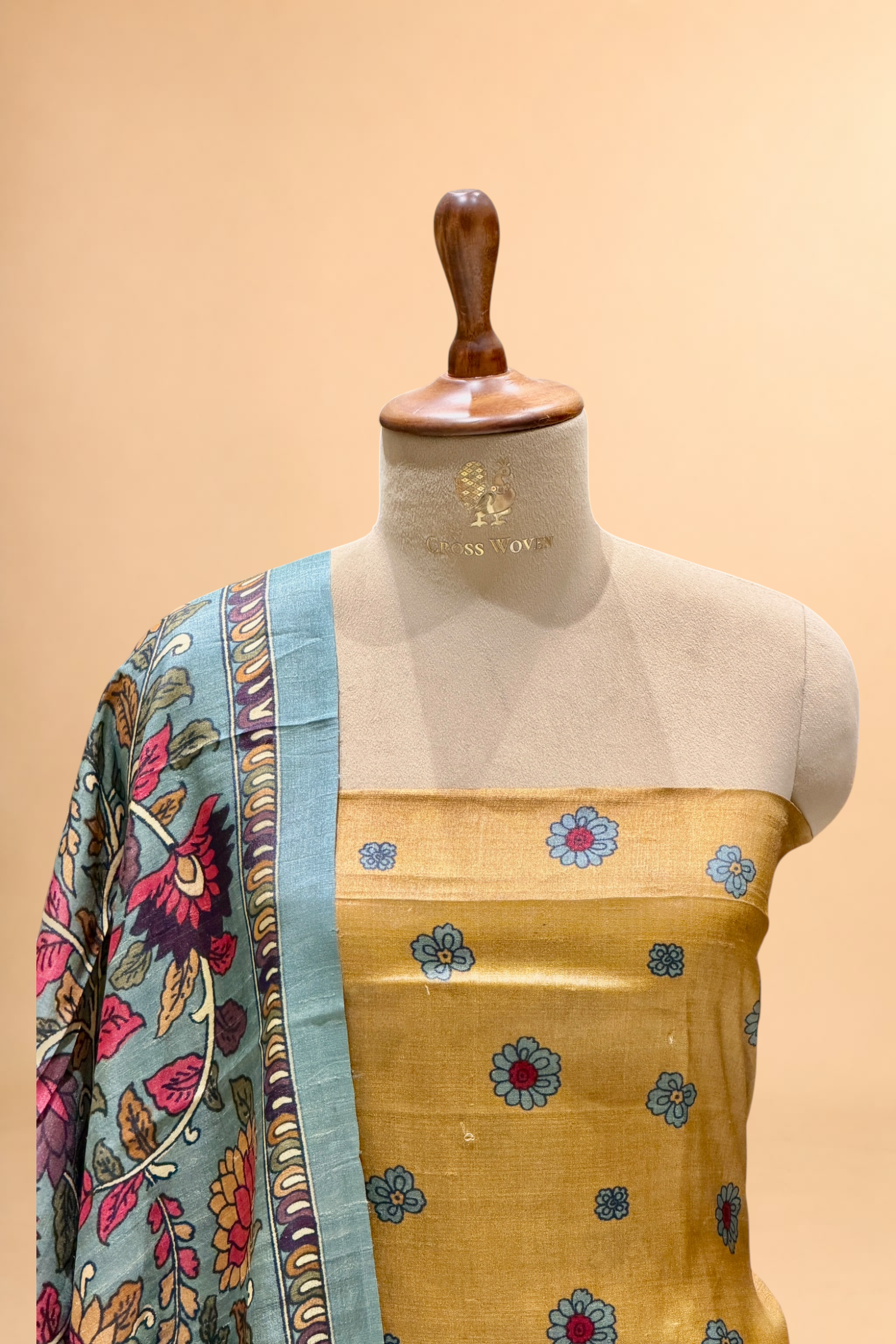 Mustard Gold Pure Tusser Silk Suit Set With Kalamkari Dupatta