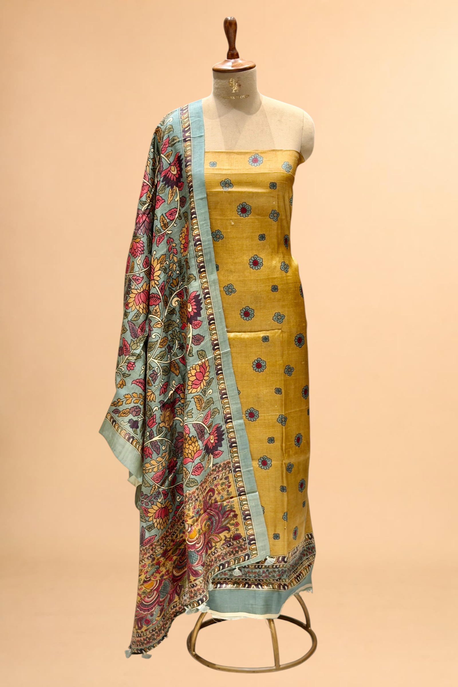 Mustard Gold Pure Tusser Silk Suit Set With Kalamkari Dupatta