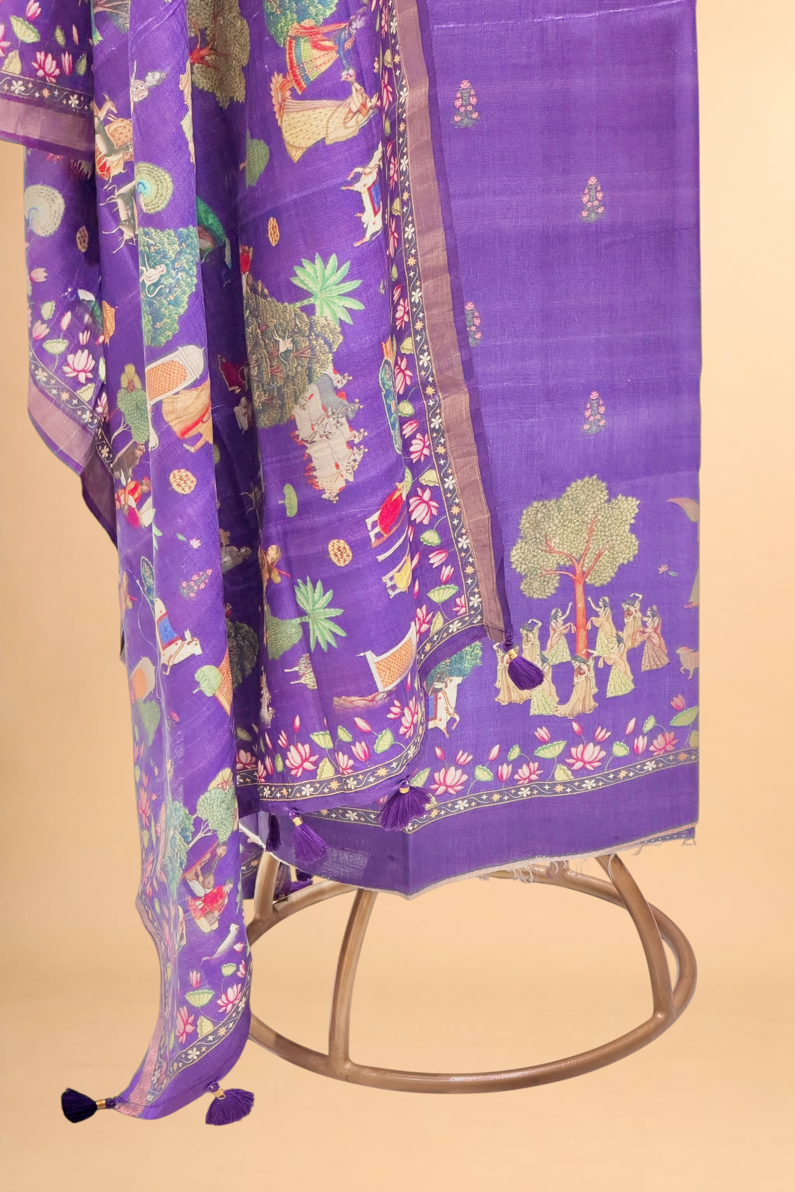 Purple Pure Tusser Silk Suit Set With Krish Leela Printed Dupatta
