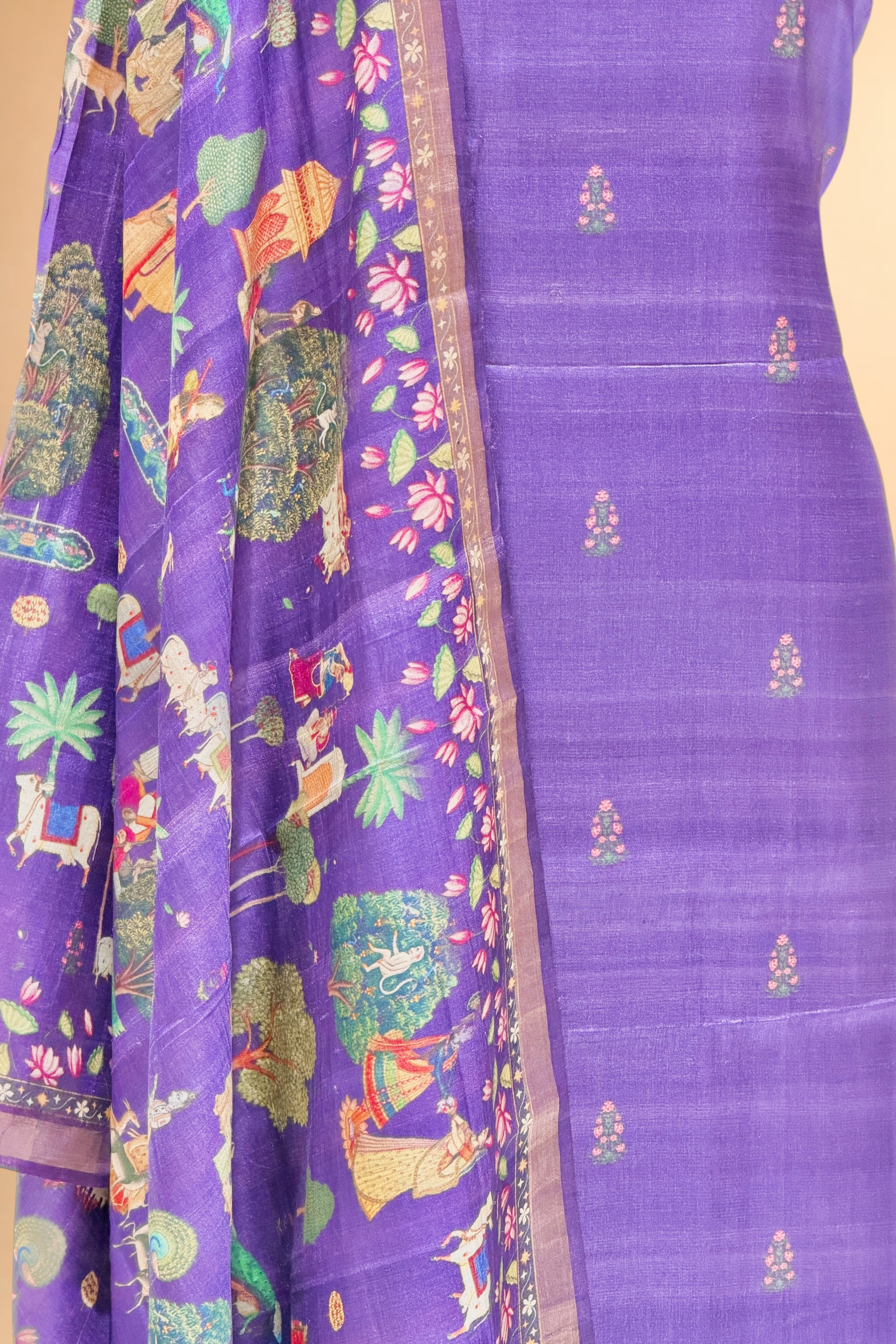 Purple Pure Tusser Silk Suit Set With Krish Leela Printed Dupatta