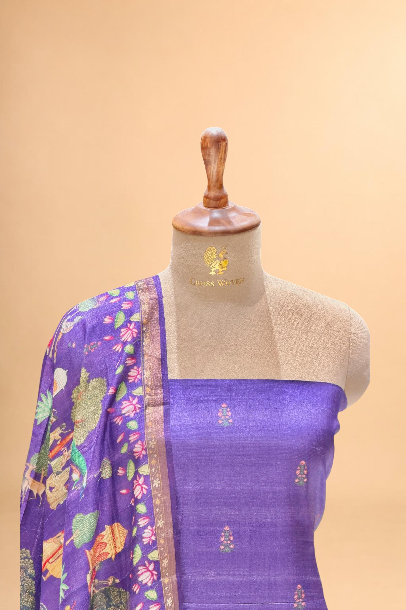 Purple Pure Tusser Silk Suit Set With Krish Leela Printed Dupatta
