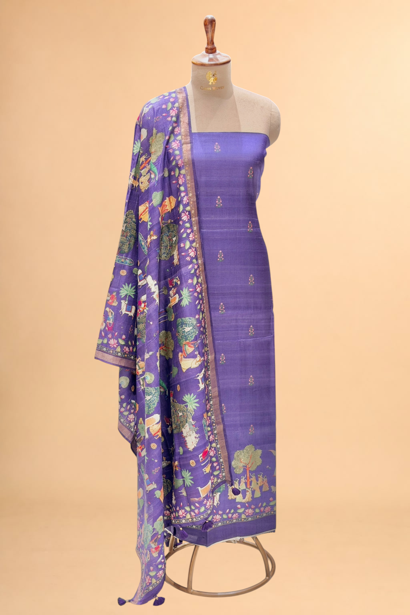 Purple Pure Tusser Silk Suit Set With Krish Leela Printed Dupatta