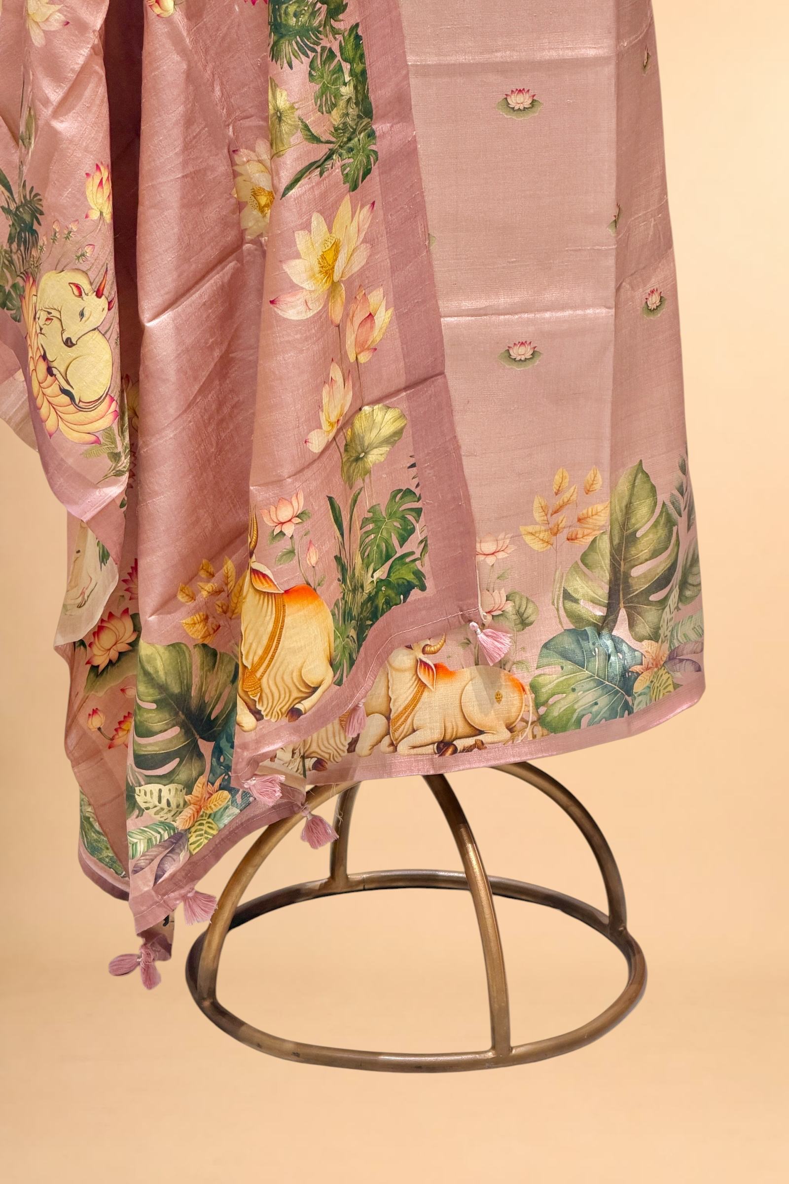 Pastel Pink Pure Tusser Silk Suit Set With Pichwai Dupatta
