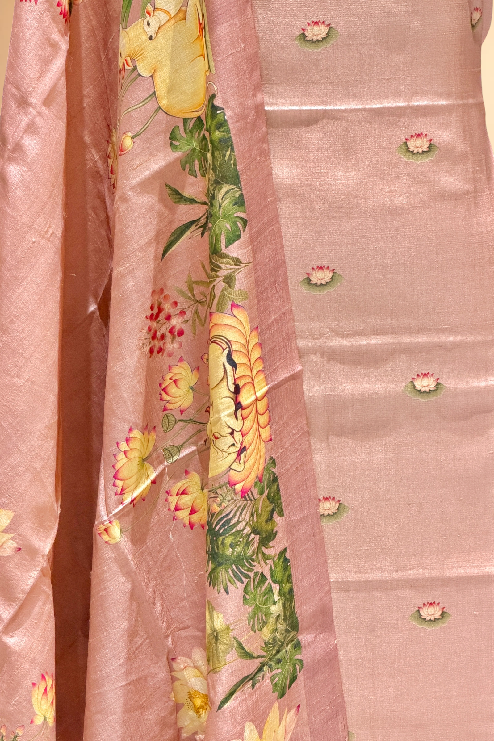 Pastel Pink Pure Tusser Silk Suit Set With Pichwai Dupatta