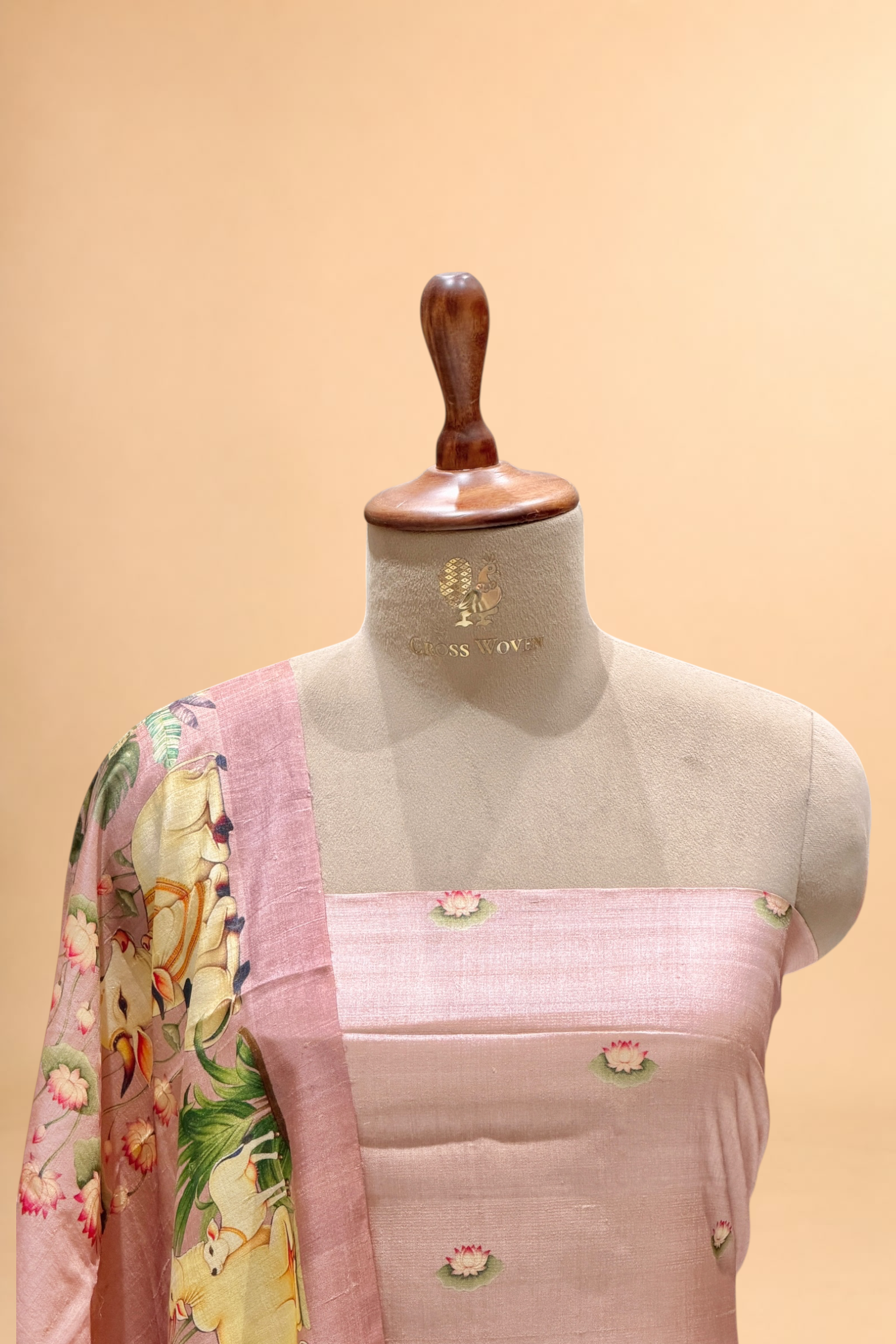 Pastel Pink Pure Tusser Silk Suit Set With Pichwai Dupatta