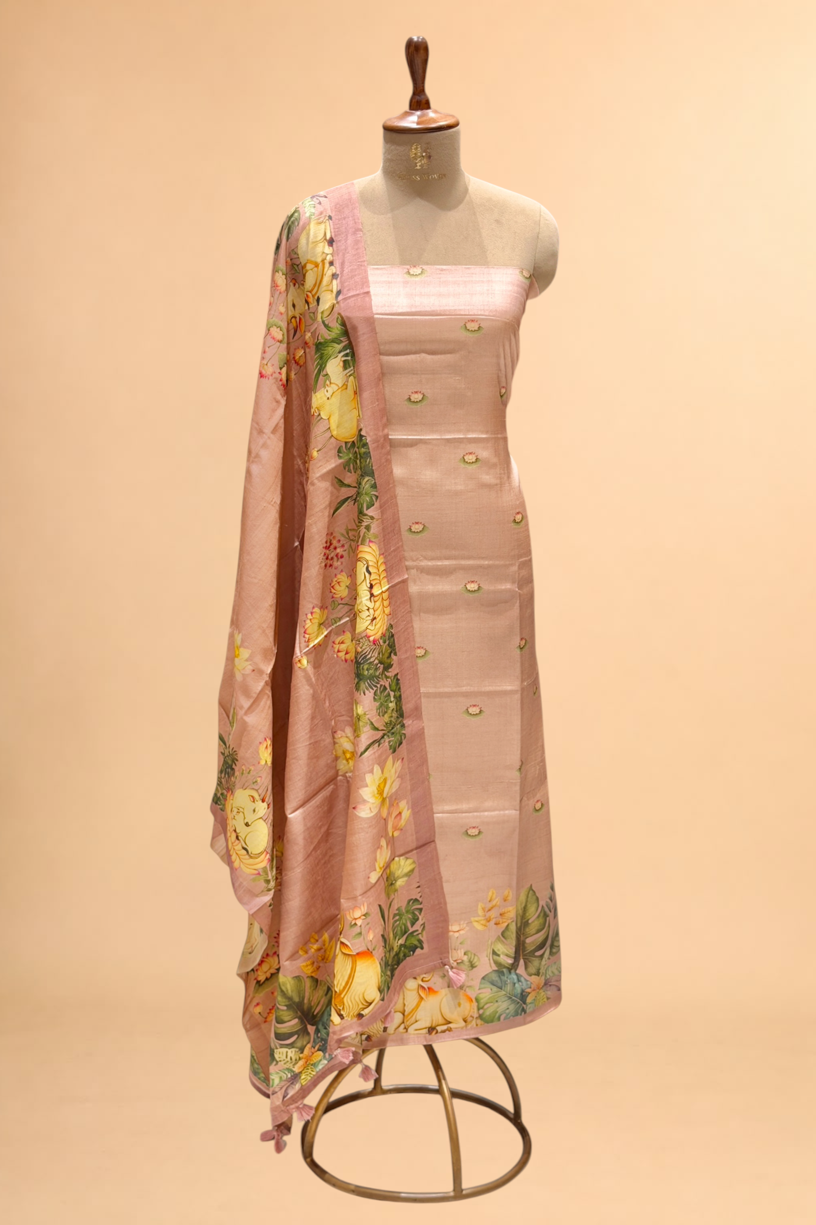 Pastel Pink Pure Tusser Silk Suit Set With Pichwai Dupatta