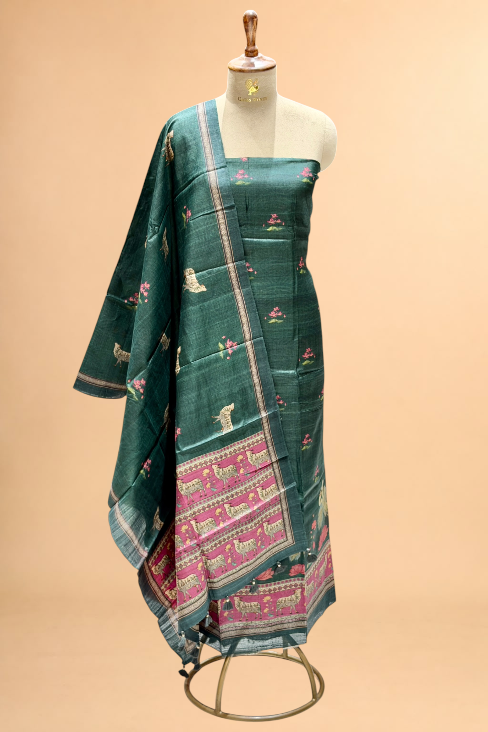 Deep Green Pure Tusser Silk Suit Set With Pichwai Dupatta
