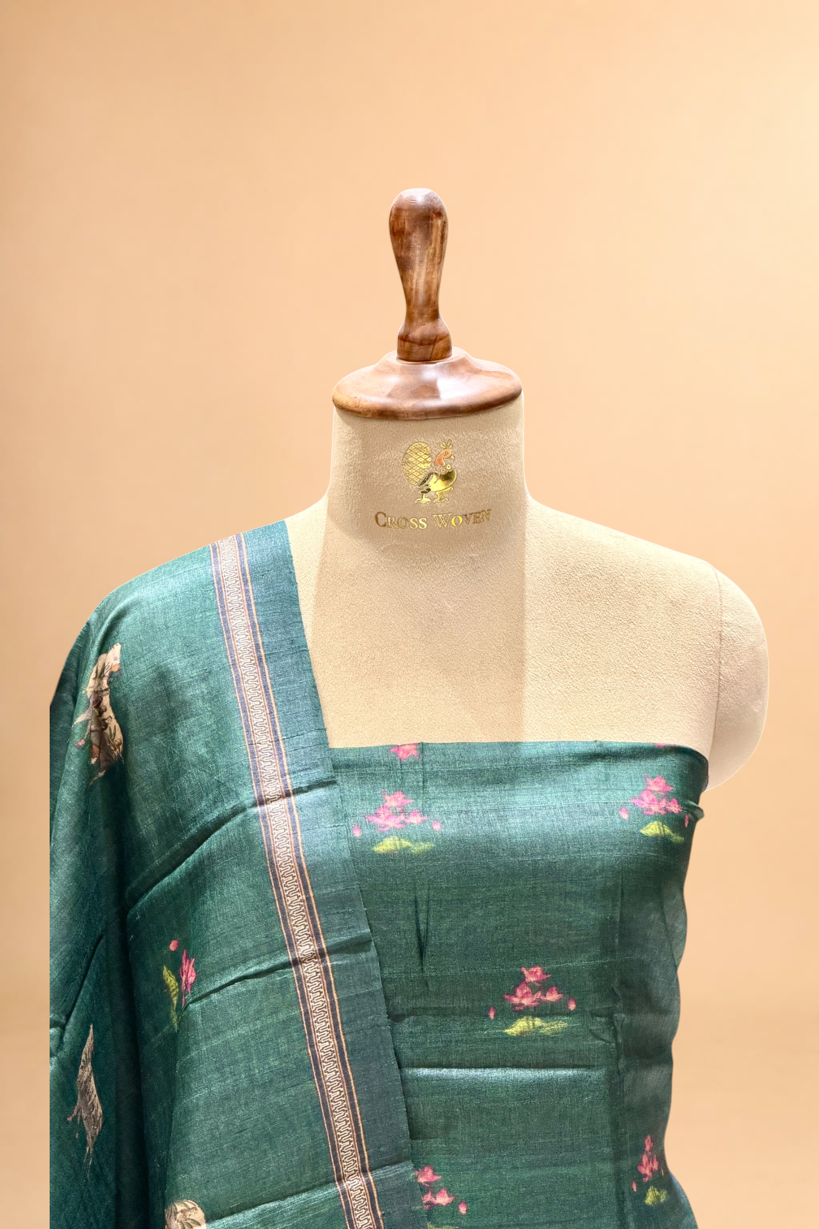 Deep Green Pure Tusser Silk Suit Set With Pichwai Dupatta