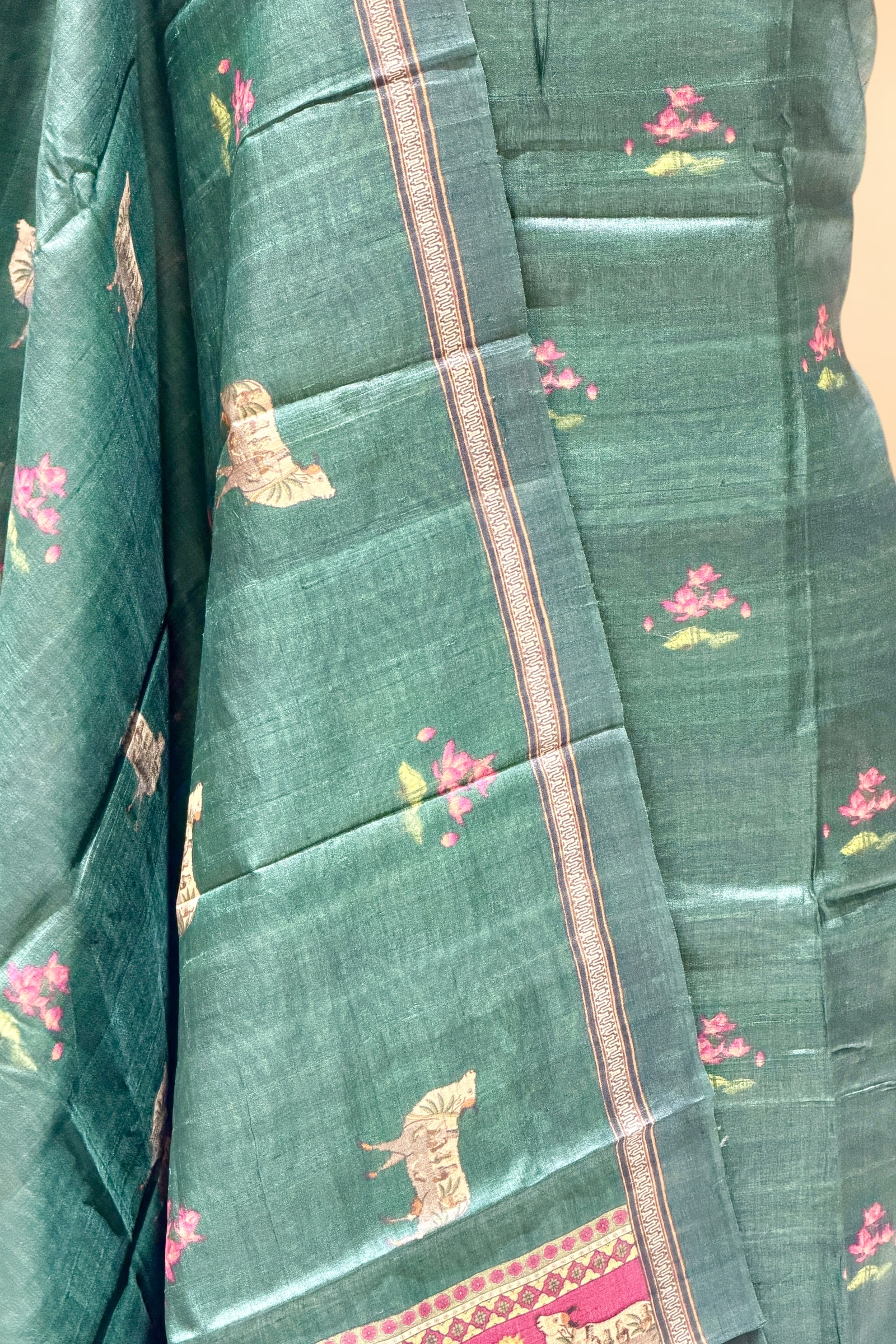 Deep Green Pure Tusser Silk Suit Set With Pichwai Dupatta
