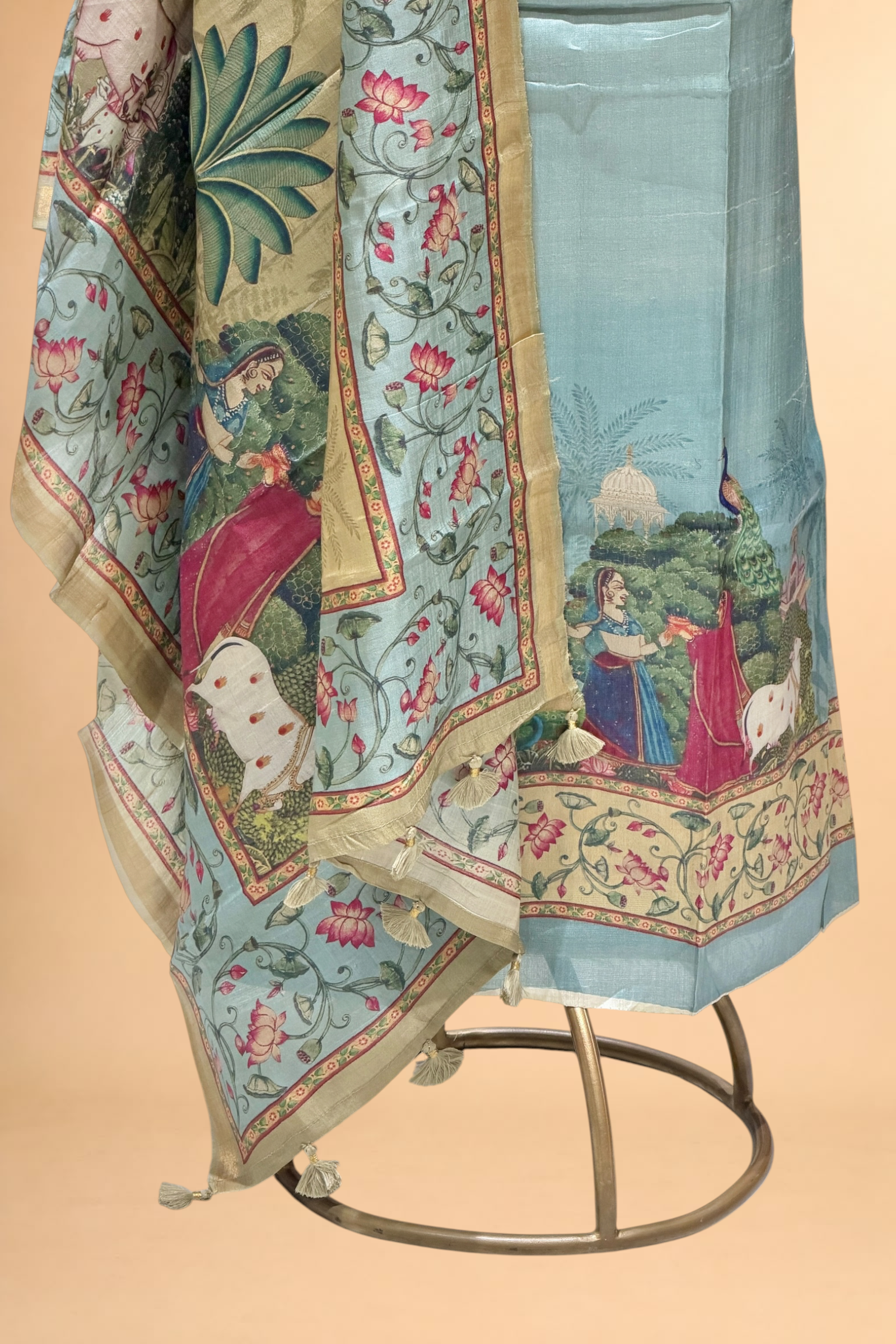 Pastel Blue Pure Tusser Silk Suit Set With Pichwai Dupatta