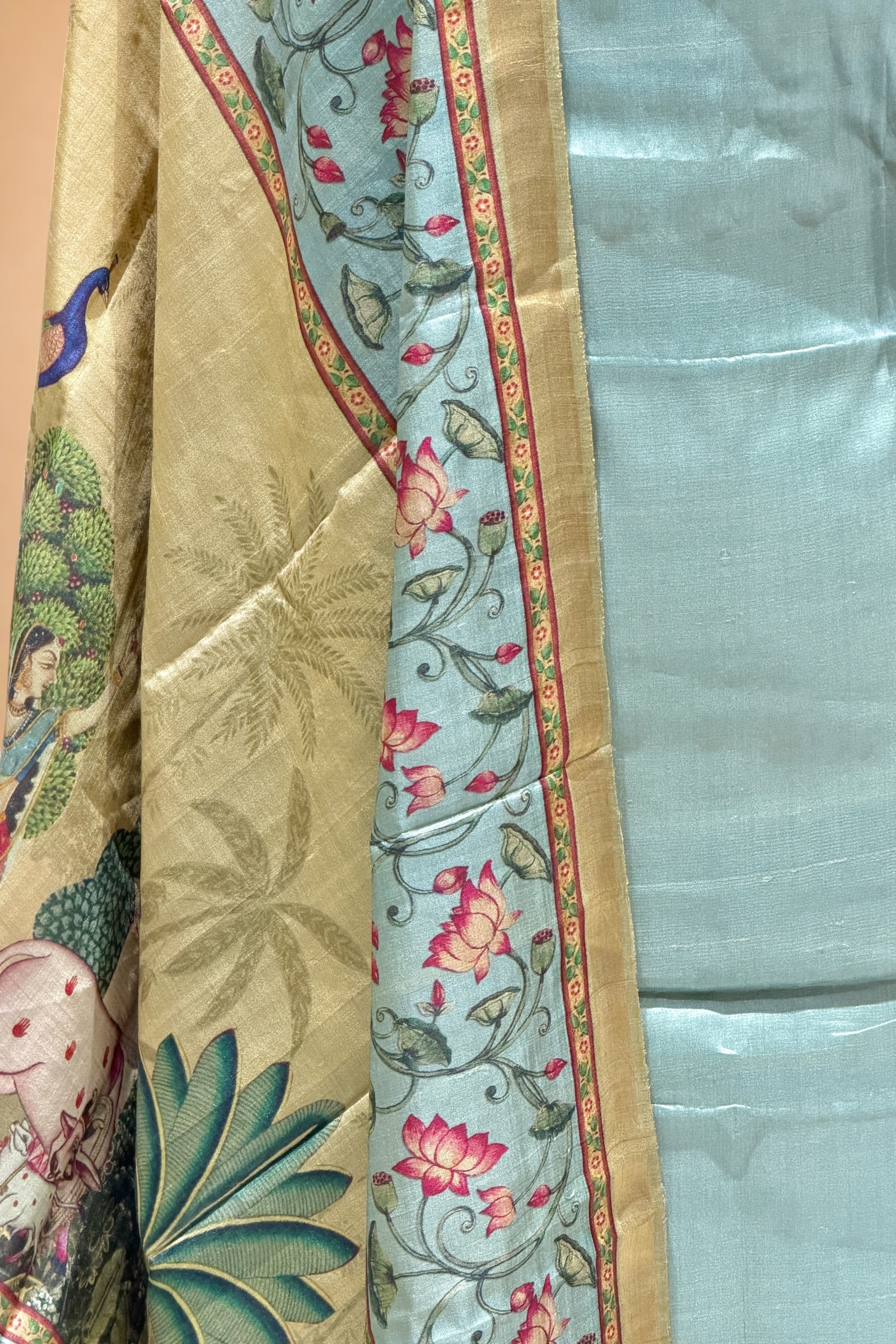 Pastel Blue Pure Tusser Silk Suit Set With Pichwai Dupatta