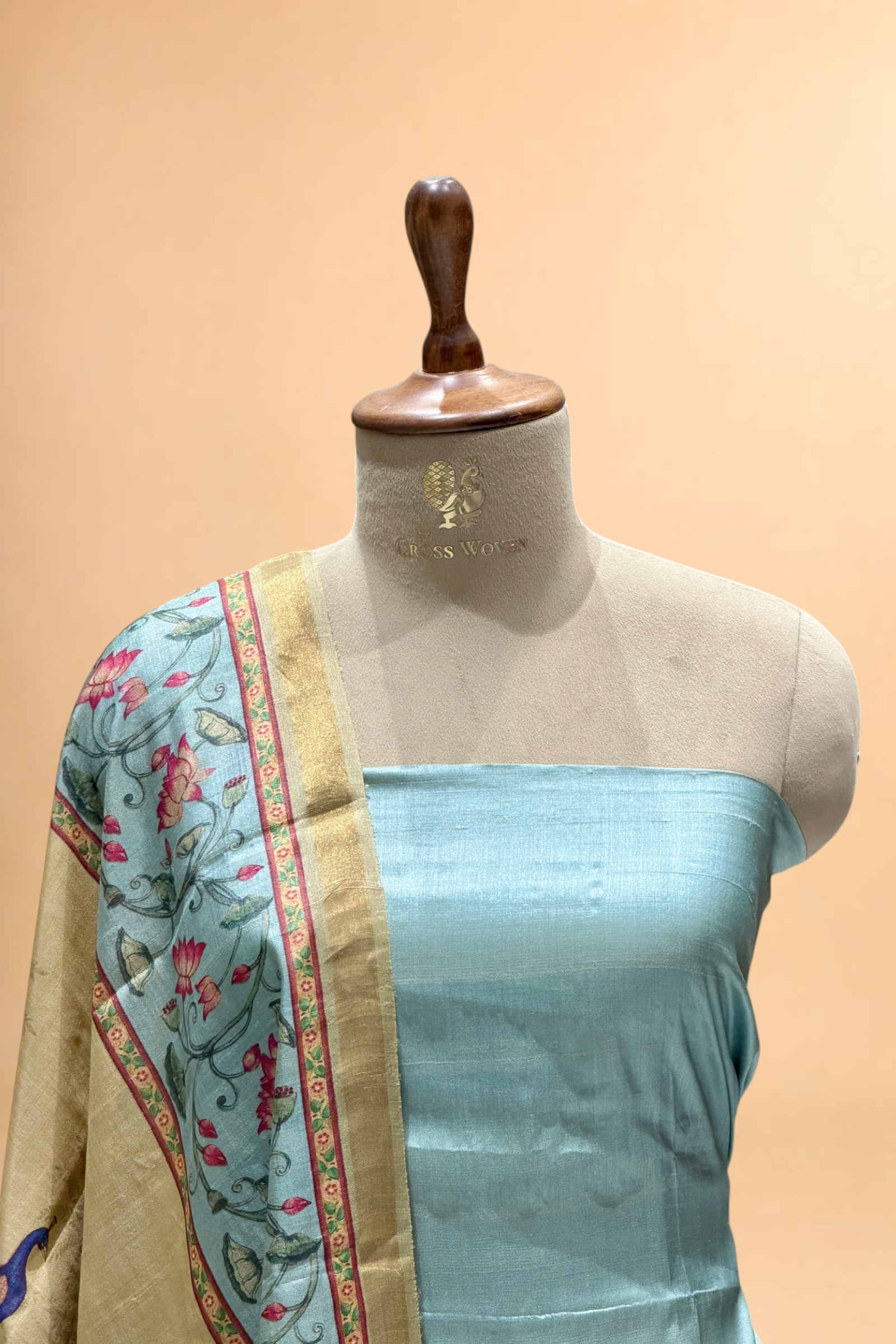 Pastel Blue Pure Tusser Silk Suit Set With Pichwai Dupatta