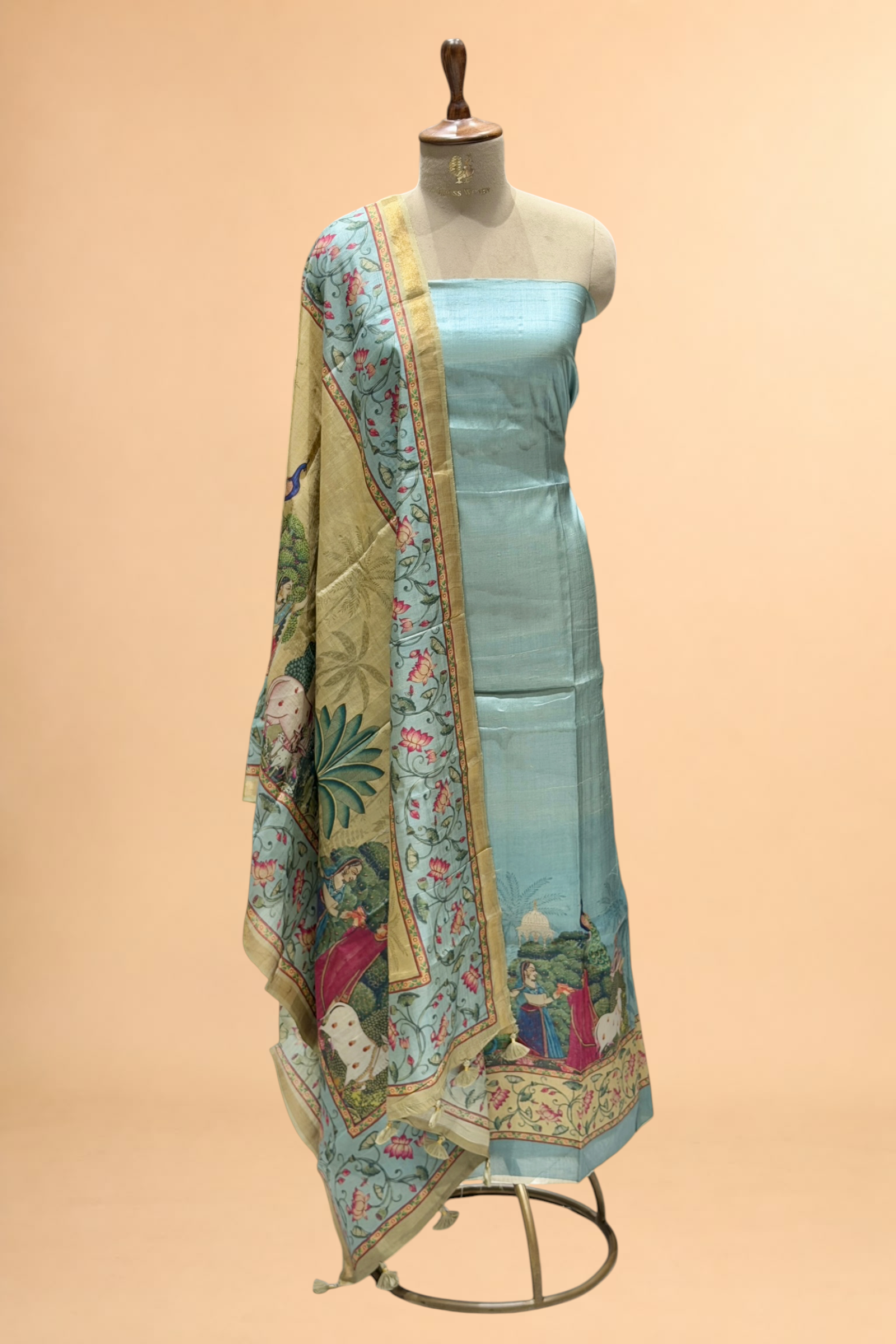 Pastel Blue Pure Tusser Silk Suit Set With Pichwai Dupatta
