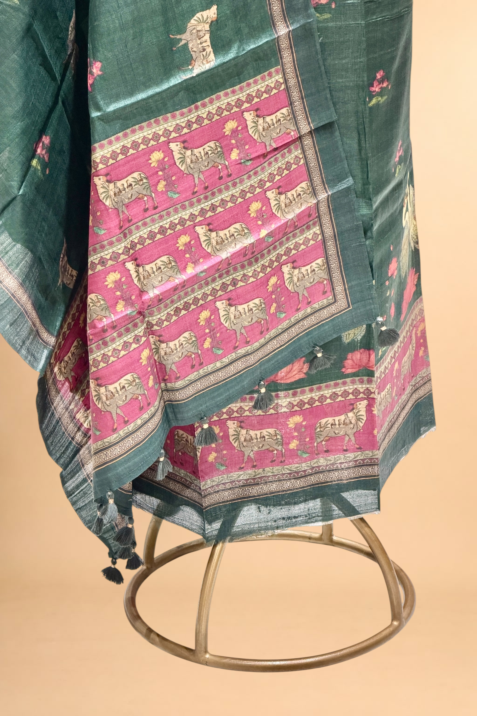 Deep Green Pure Tusser Silk Suit Set With Pichwai Dupatta