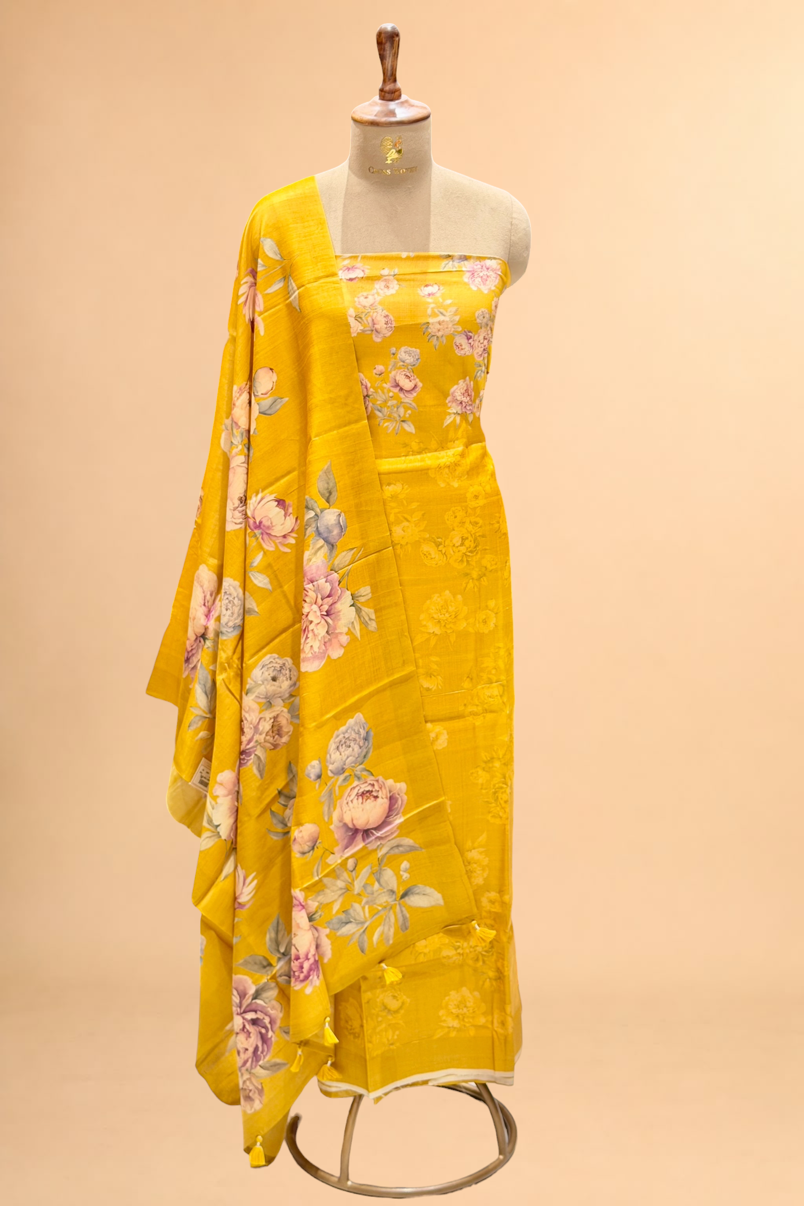 Mustard Yellow Pure Tusser Silk Suit Set With Floral Dupatta