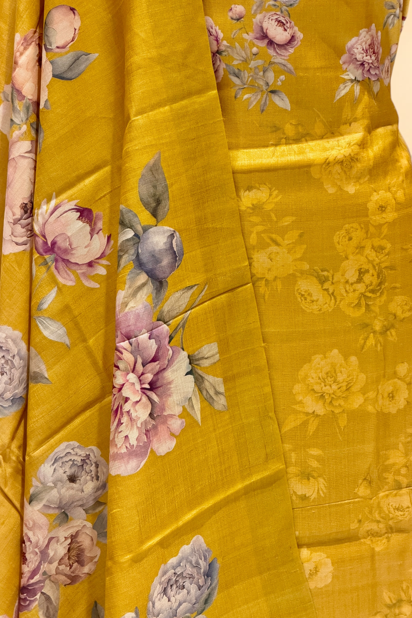 Mustard Yellow Pure Tusser Silk Suit Set With Floral Dupatta