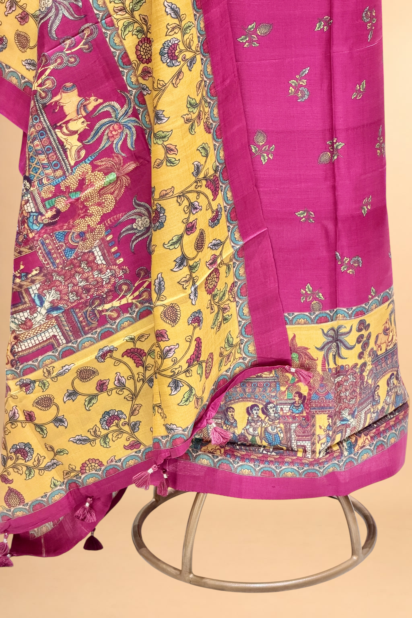 Magenta Pink Pure Tusser Silk Suit Set With Indian Folk Print Dupatta