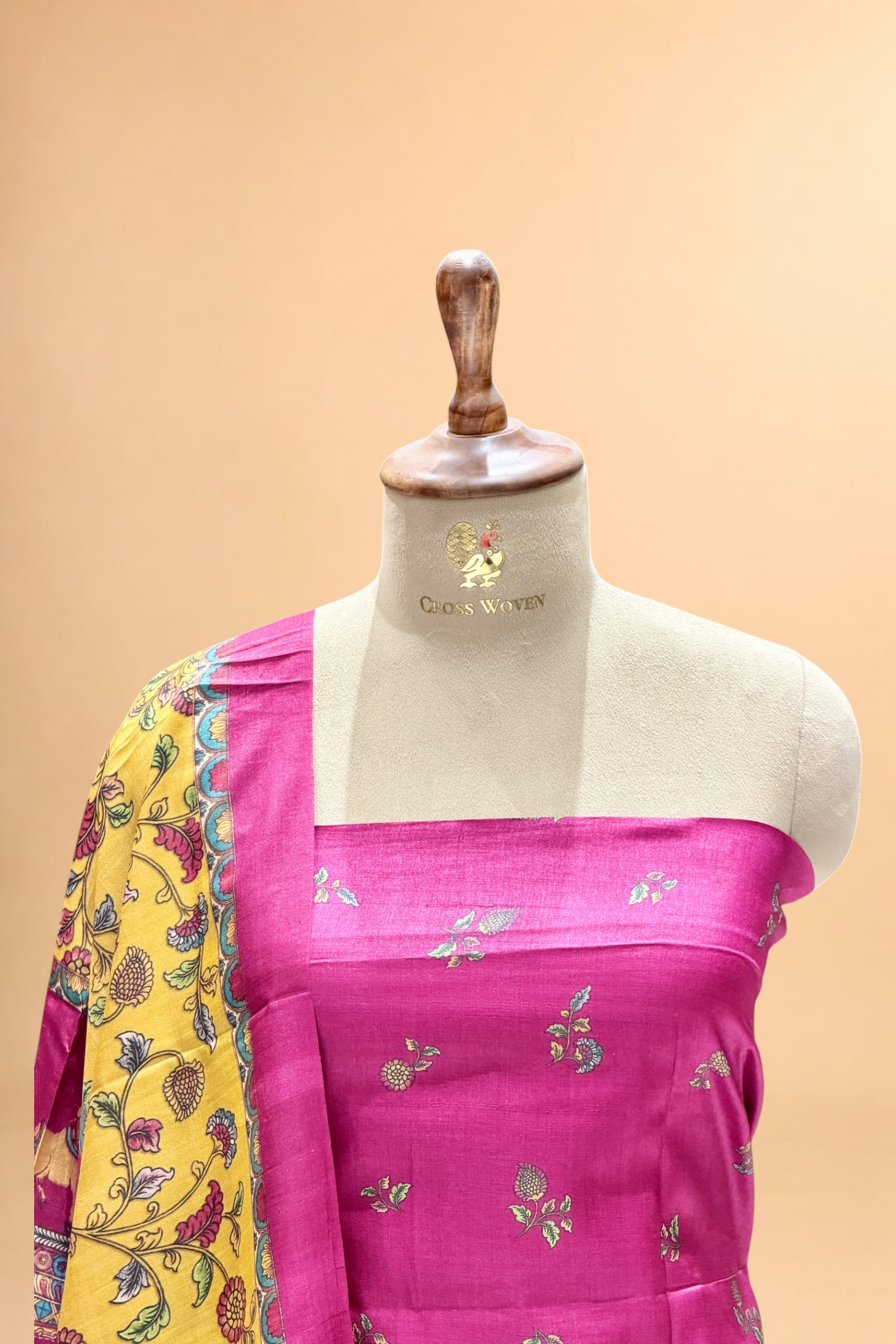 Magenta Pink Pure Tusser Silk Suit Set With Indian Folk Print Dupatta