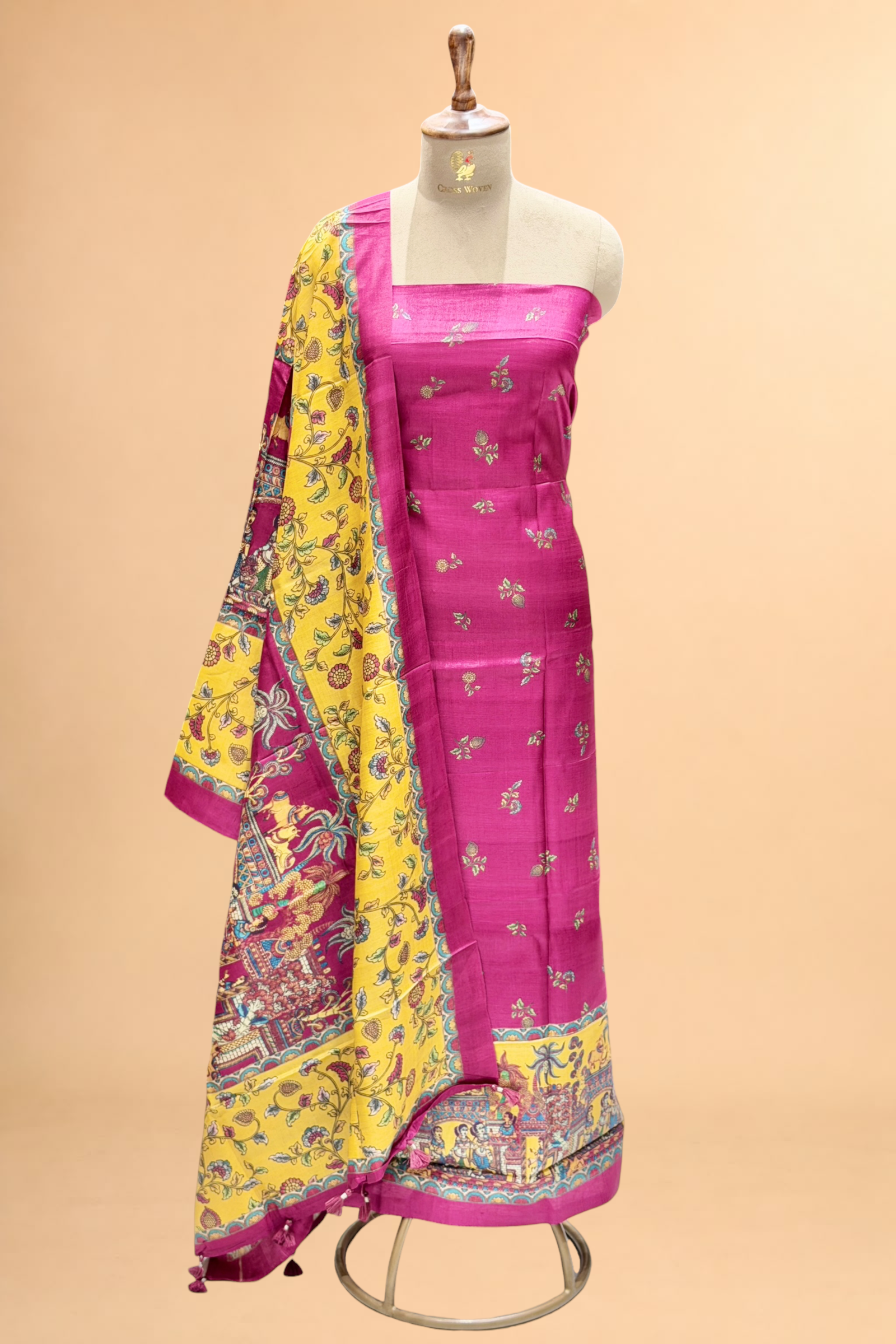 Magenta Pink Pure Tusser Silk Suit Set With Indian Folk Print Dupatta