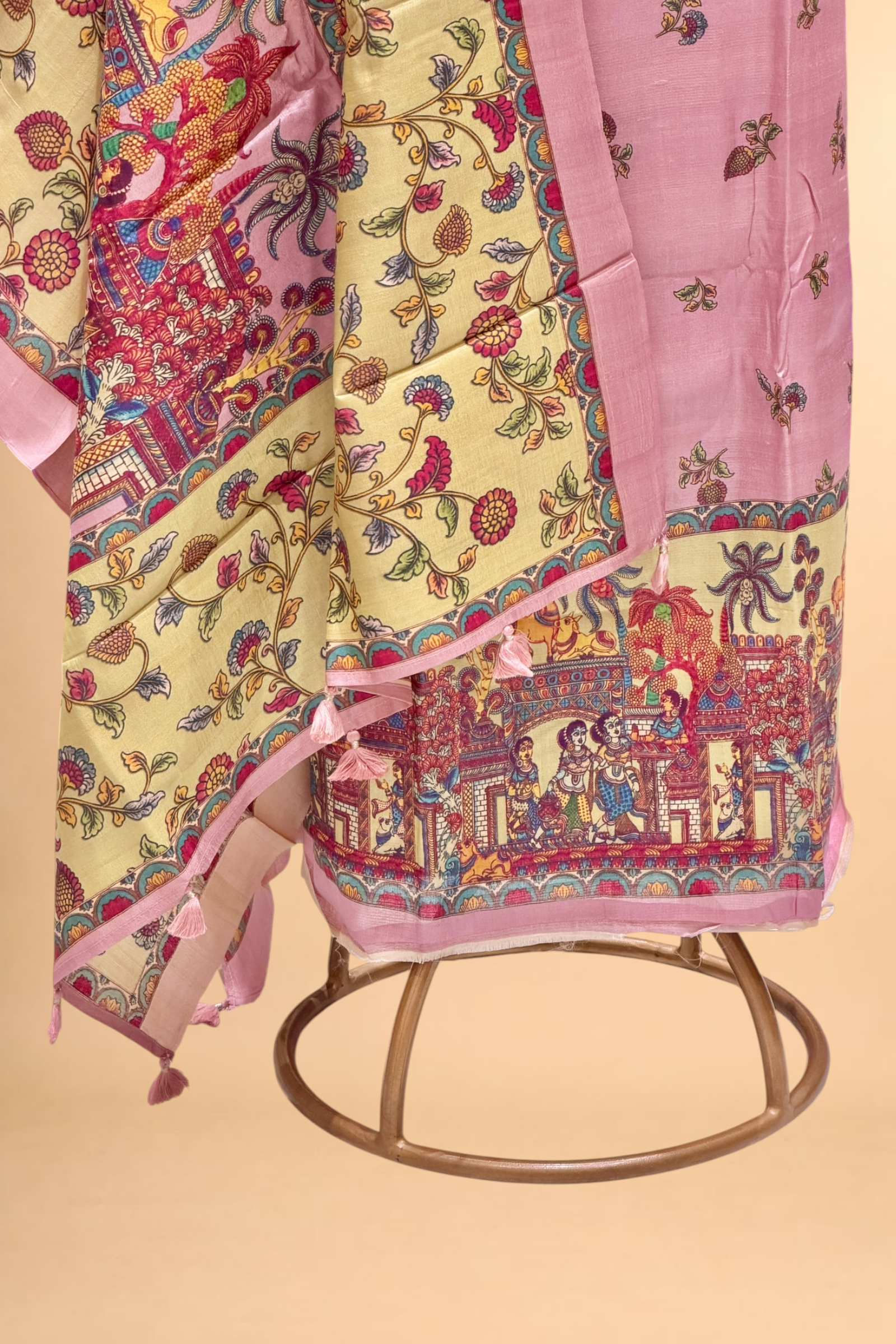 Pastel Pink Pure Tusser Silk Suit Set With Indian Folk Print Dupatta