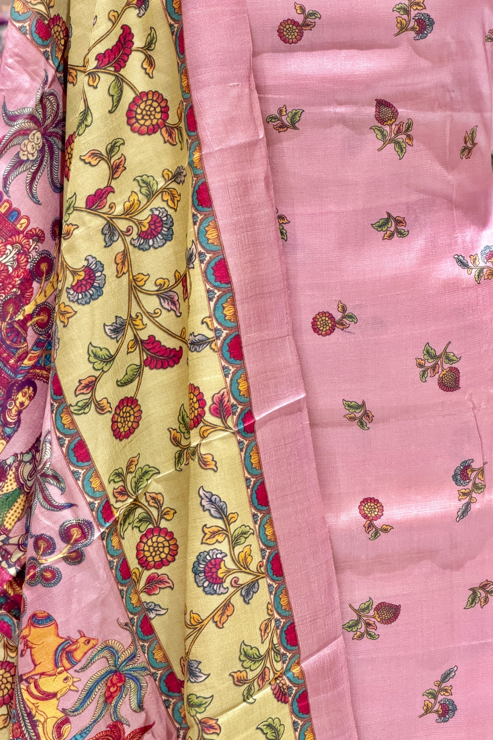 Pastel Pink Pure Tusser Silk Suit Set With Indian Folk Print Dupatta