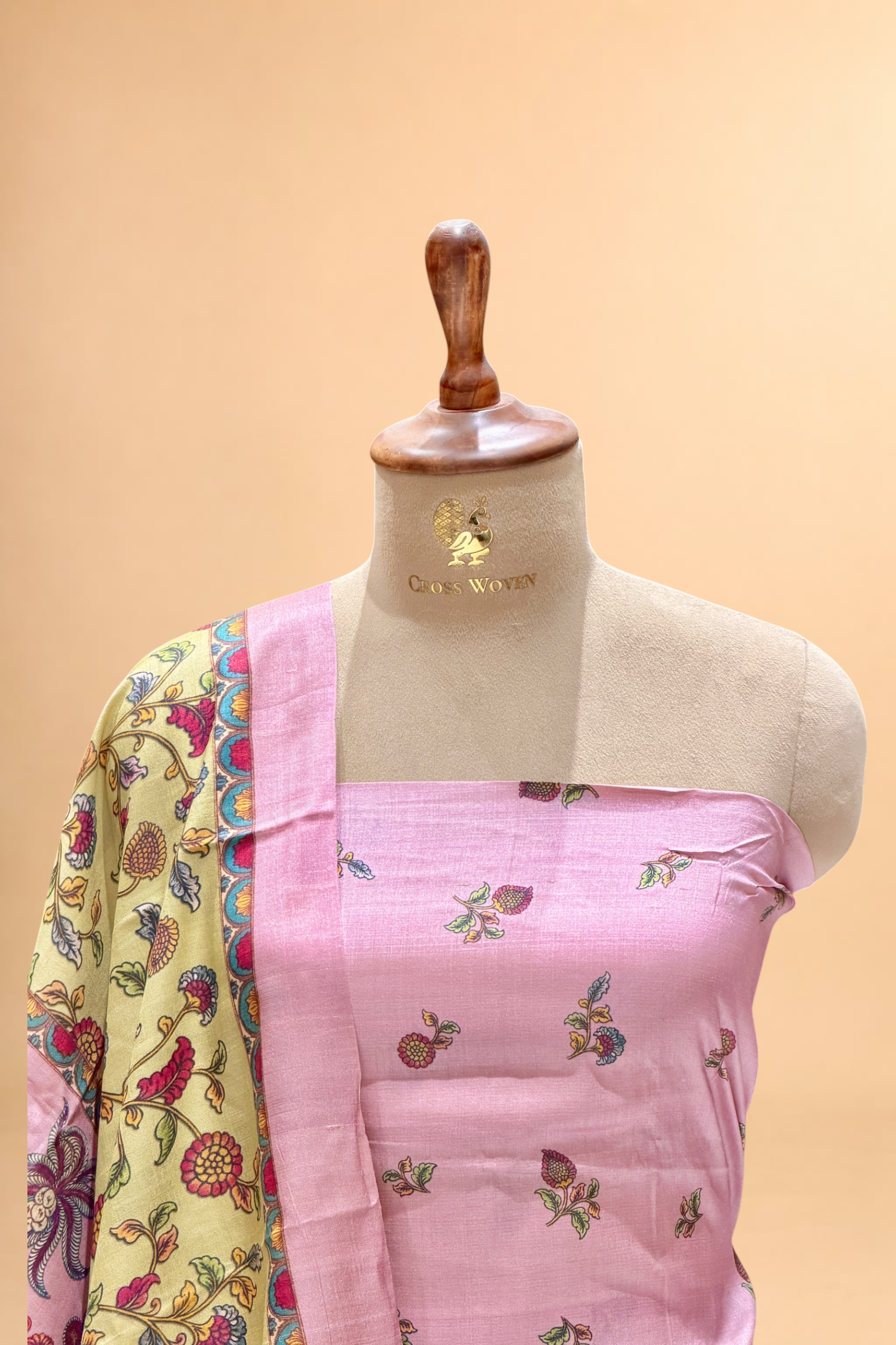Pastel Pink Pure Tusser Silk Suit Set With Indian Folk Print Dupatta