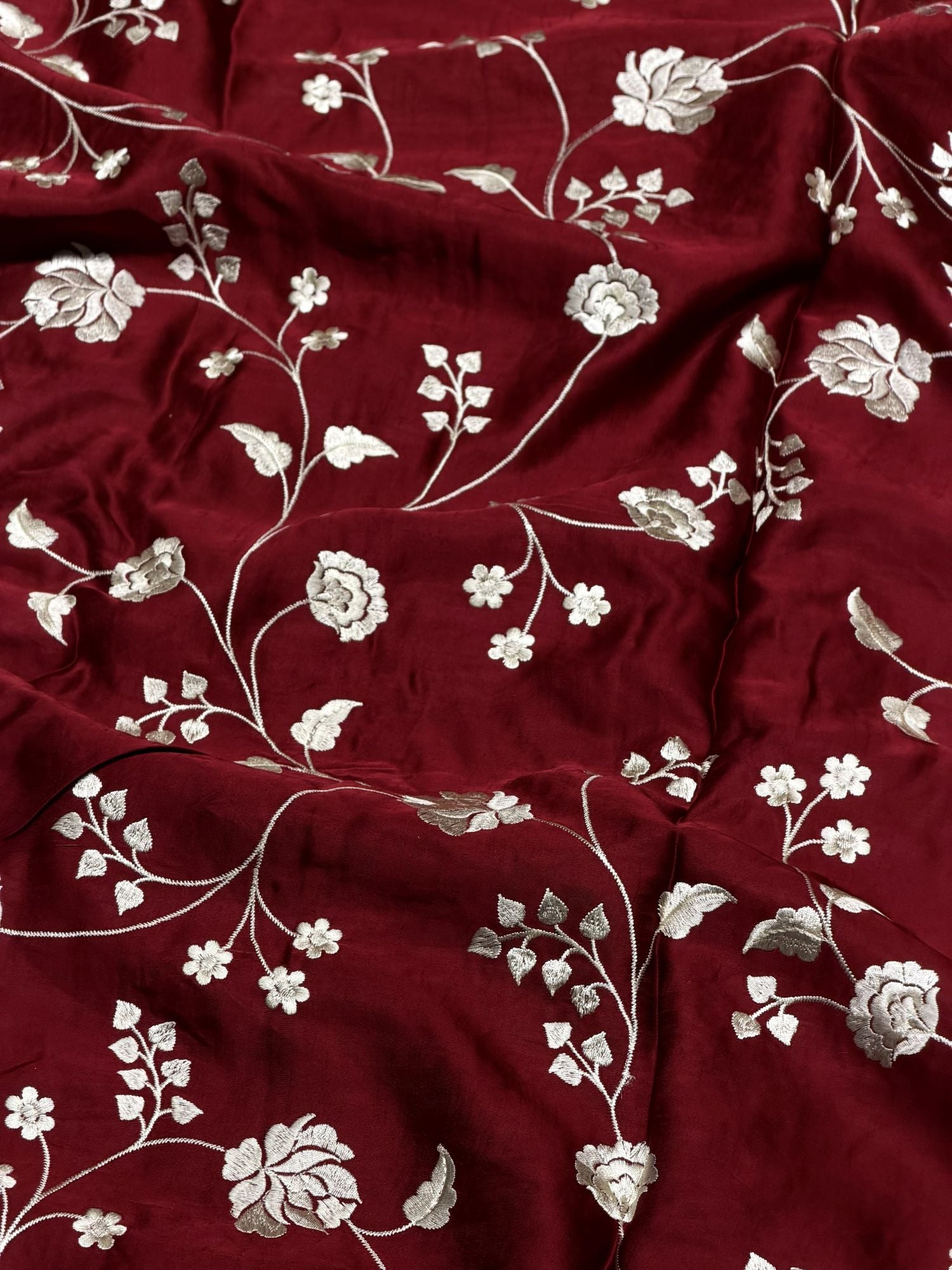 Deep Wine Muslin Fabric With Parsi Embroidery