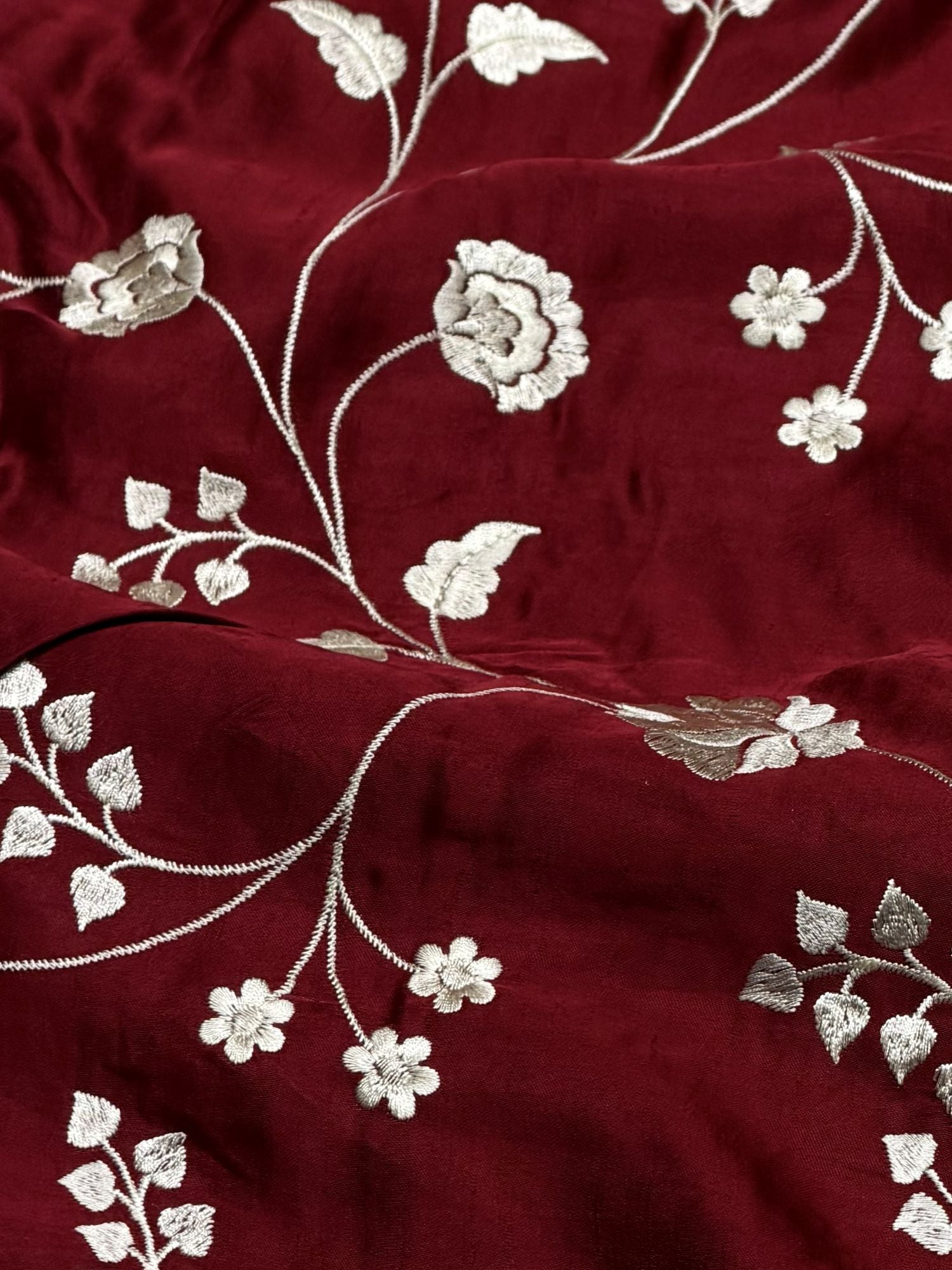 Deep Wine Muslin Fabric With Parsi Embroidery