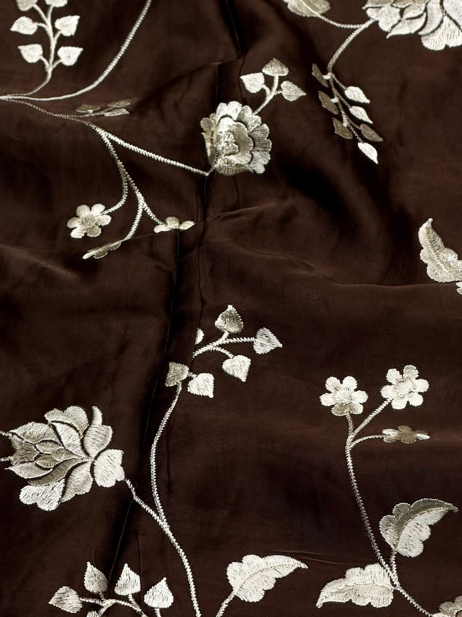 Chocolate Brown Muslin Fabric With Parsi Embroidery