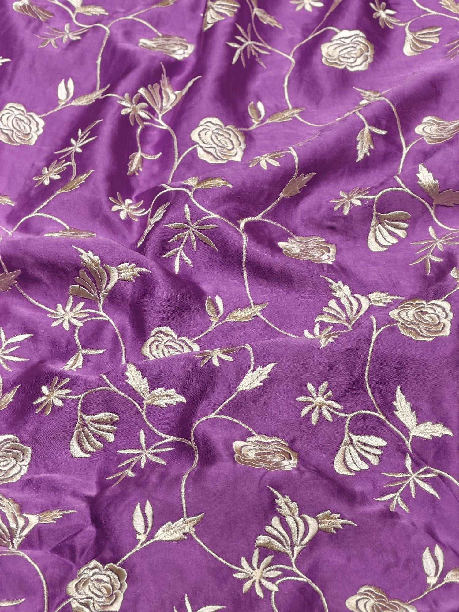 Purple Muslin Fabric With Parsi Embroidery