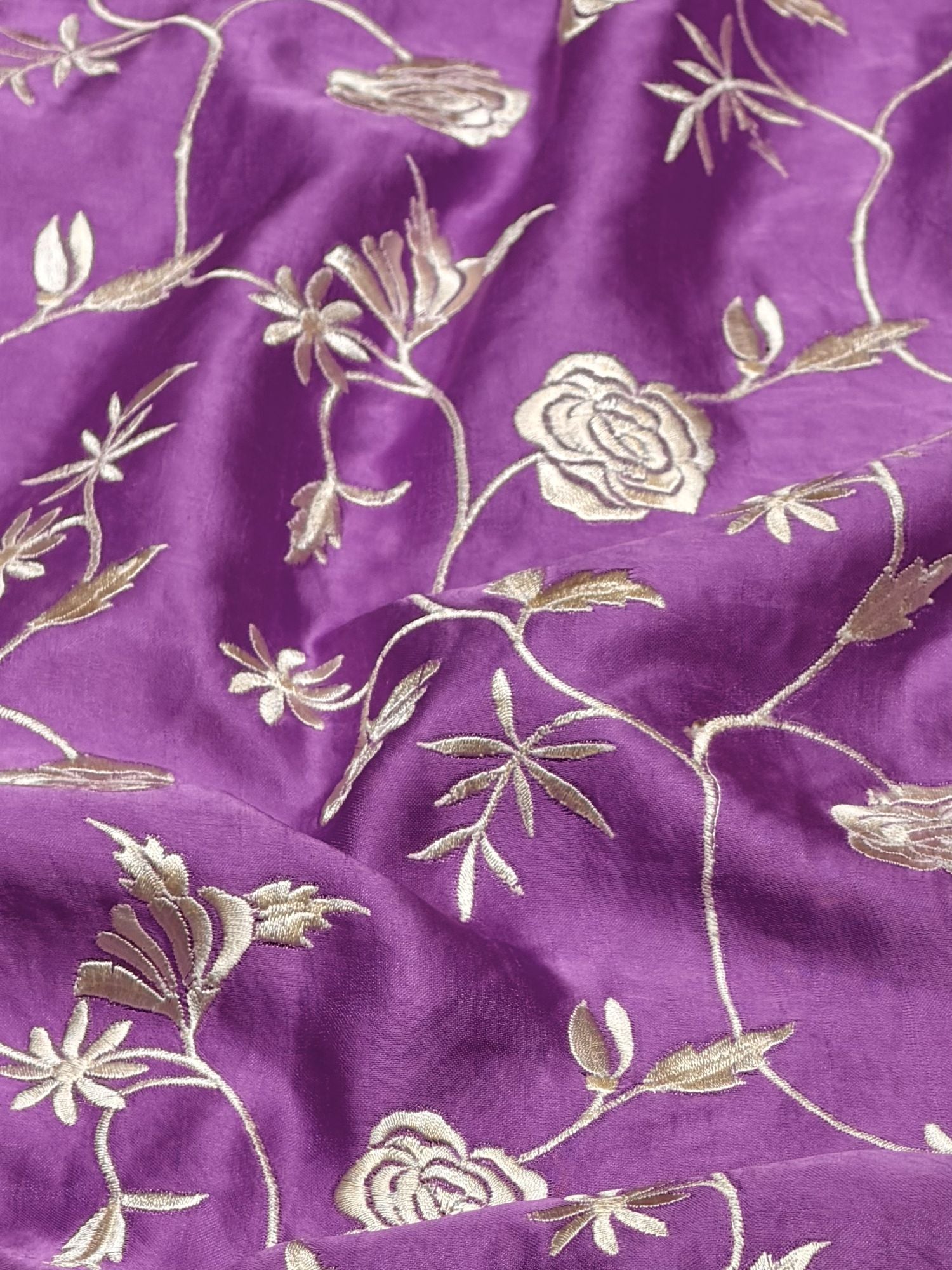 Purple Muslin Fabric With Parsi Embroidery