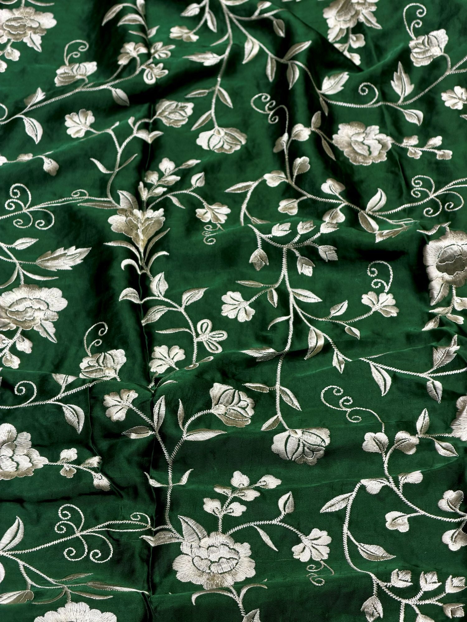 Emerald Green Muslin Fabric With Parsi Embroidery