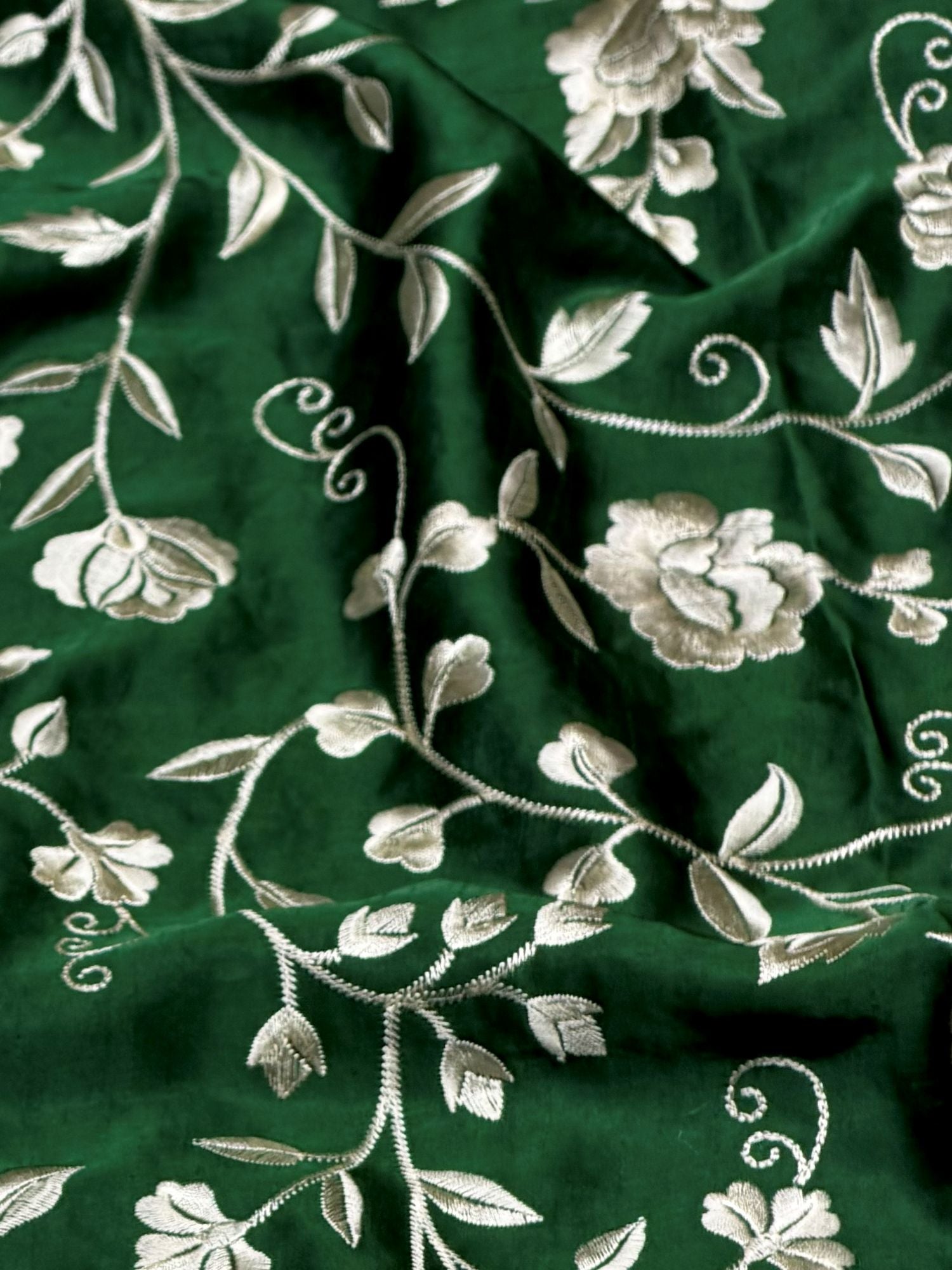 Emerald Green Muslin Fabric With Parsi Embroidery